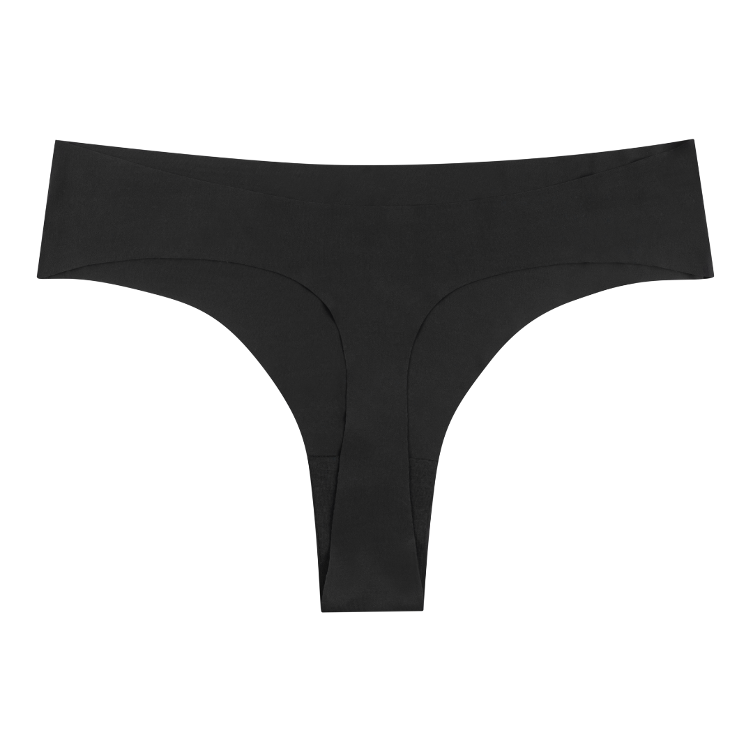 soft seamless tap shoe black thong underwear with an embroidered floral pattern in contrasting colors against white background.