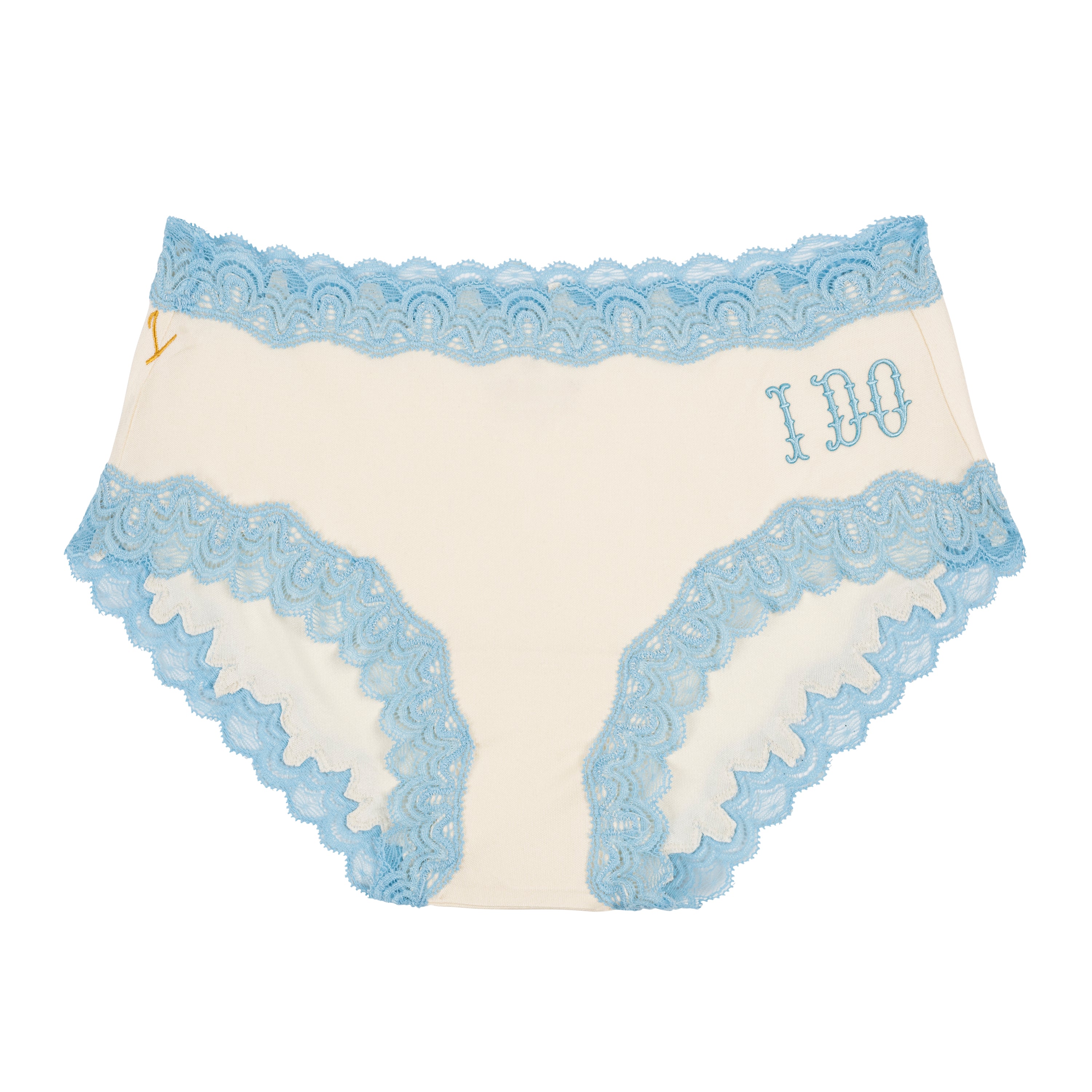 Lace-trimmed underwear with 'I DO' embroidery on a white background