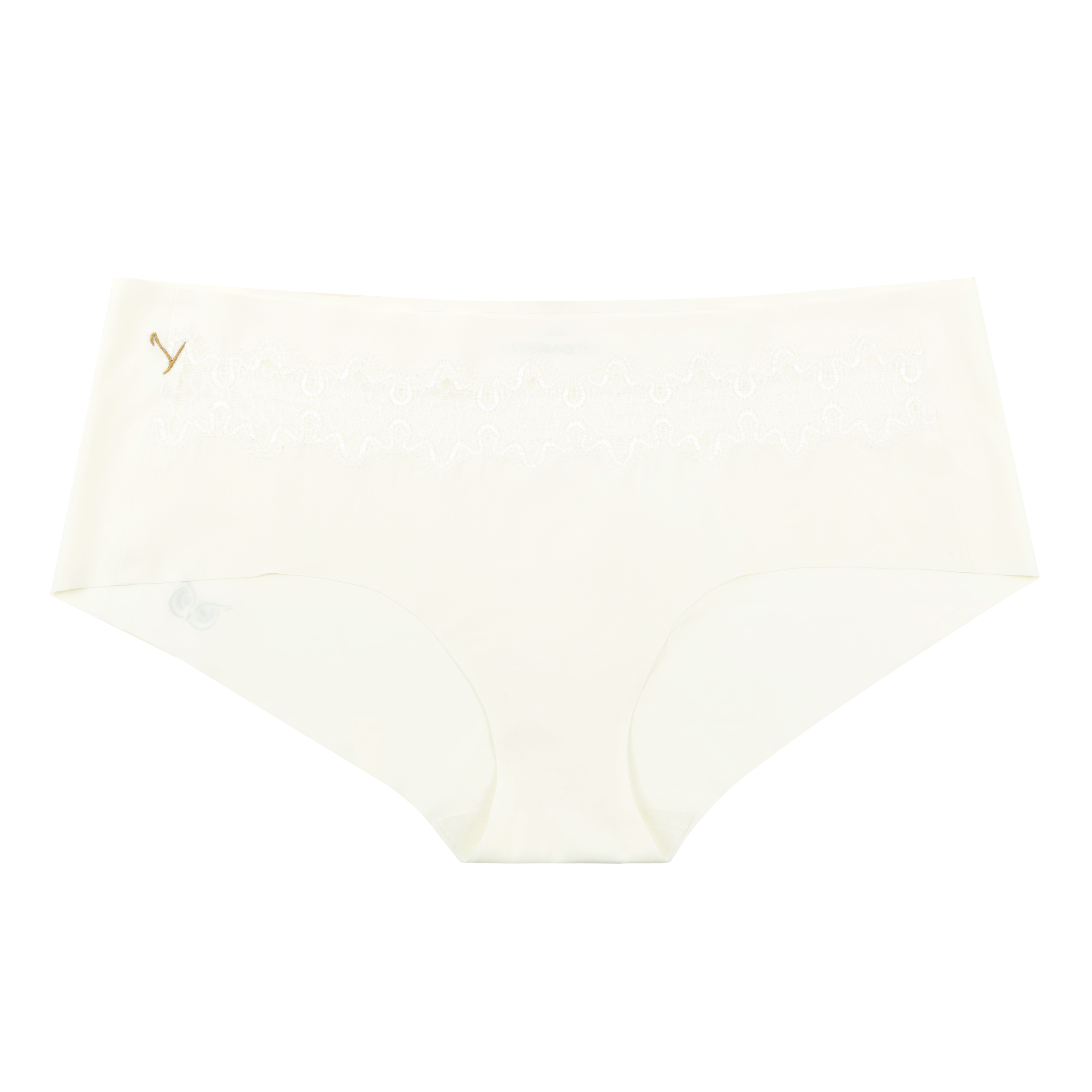 A pair of white seamless mid-rise underwar with lace detail, made of a super lightweight technical fabric on white backround.