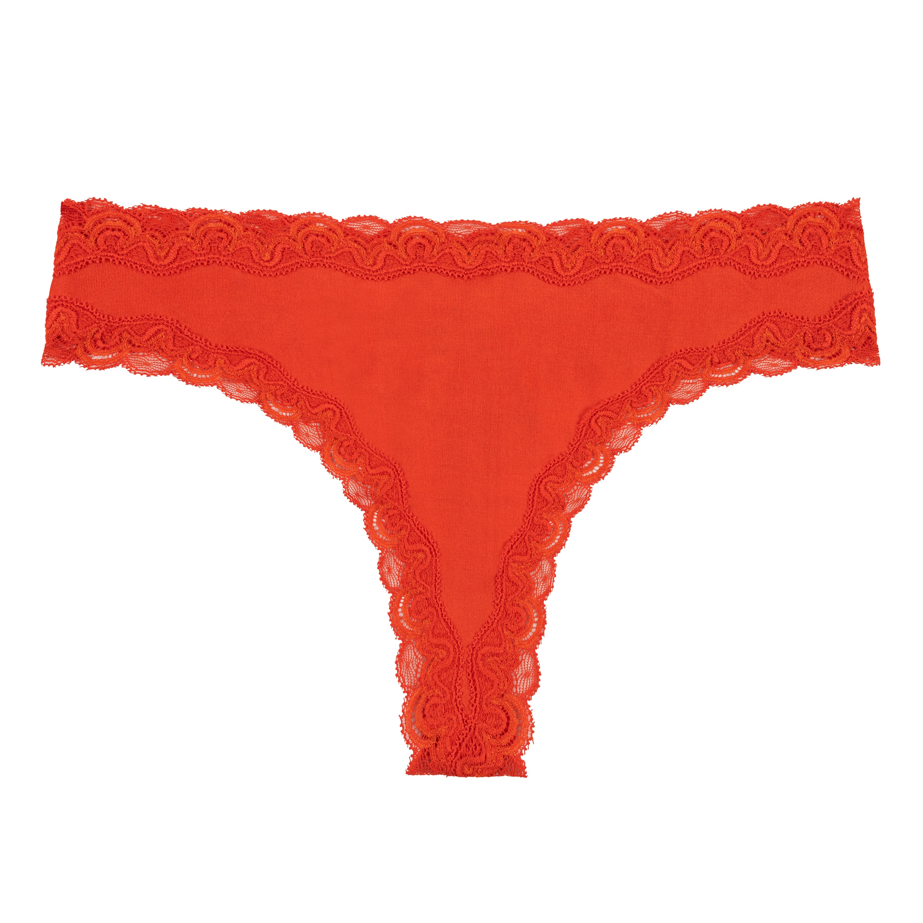 Uwila Warrior Soft Silk Thong in Fiery Red with Lace Trim on a white background.