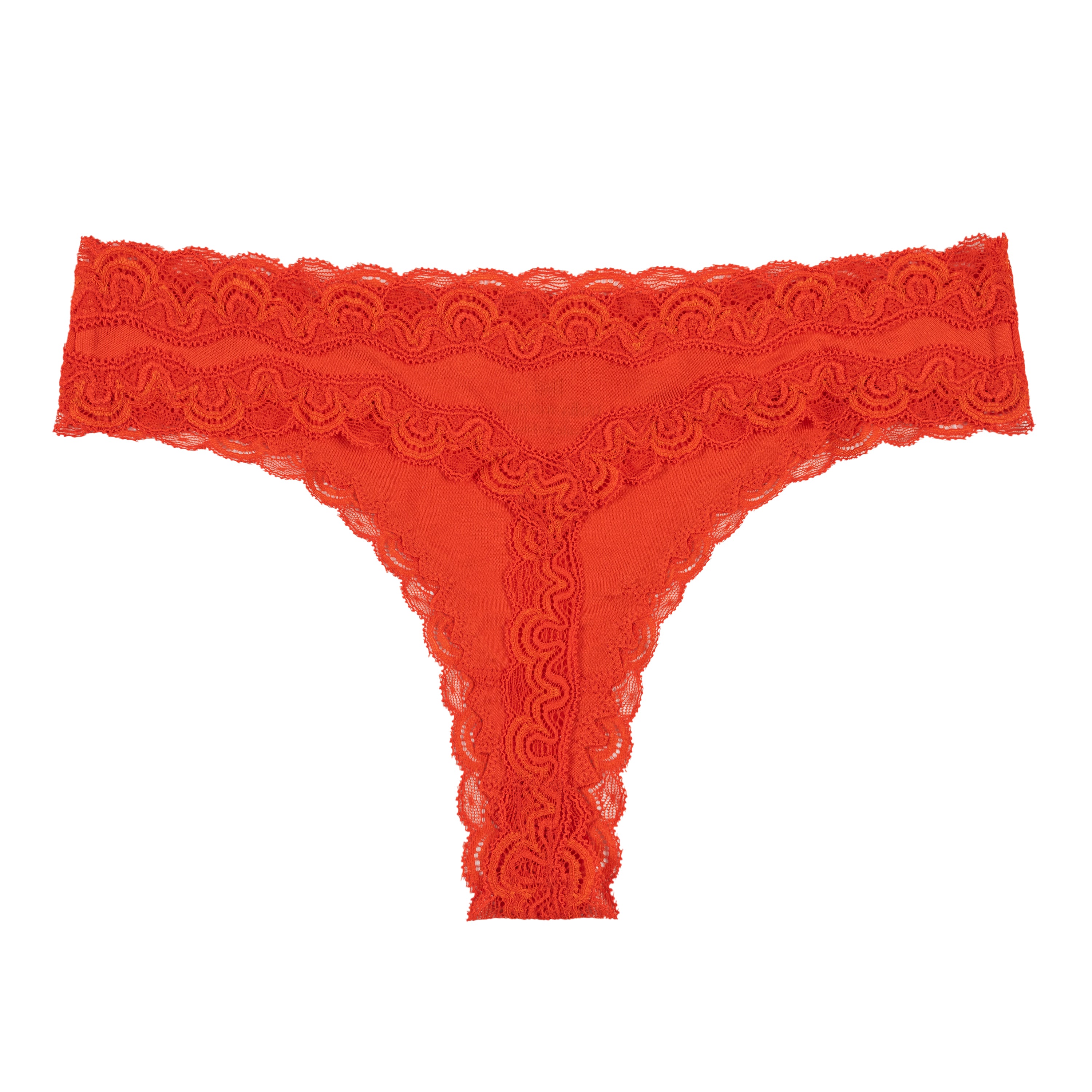 Uwila Warrior Soft Silk Thong in Fiery Red with Lace Trim on a white background.