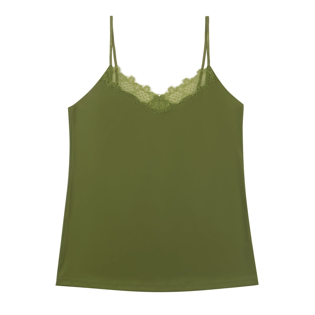 A green camisole top with delicate lace detail at the neckline, with adjustable straps.