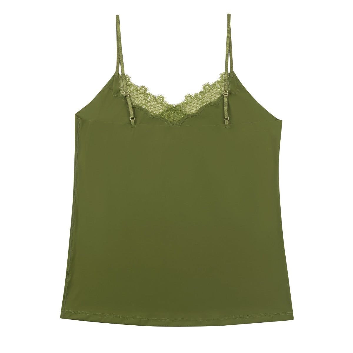 A green soft seamless camisole with delicate lace detail at the neckline, with adjustable straps.