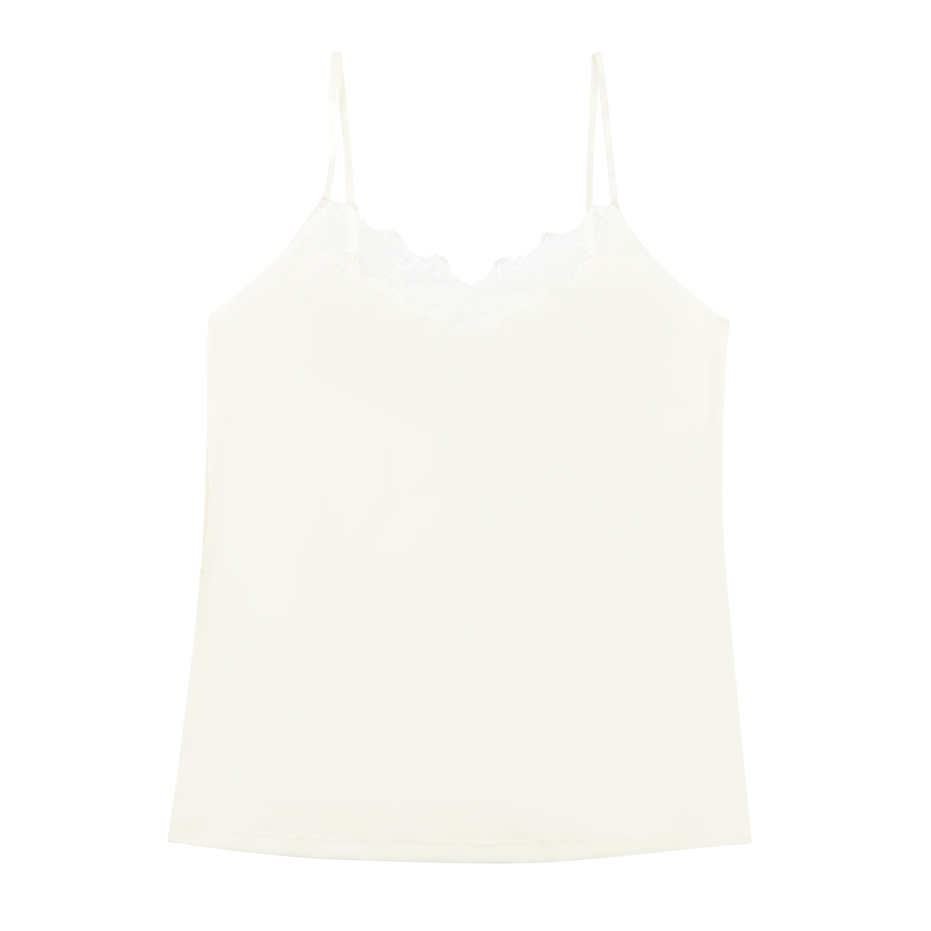 Winter White soft seamless lace-trimmed camisole against white background.