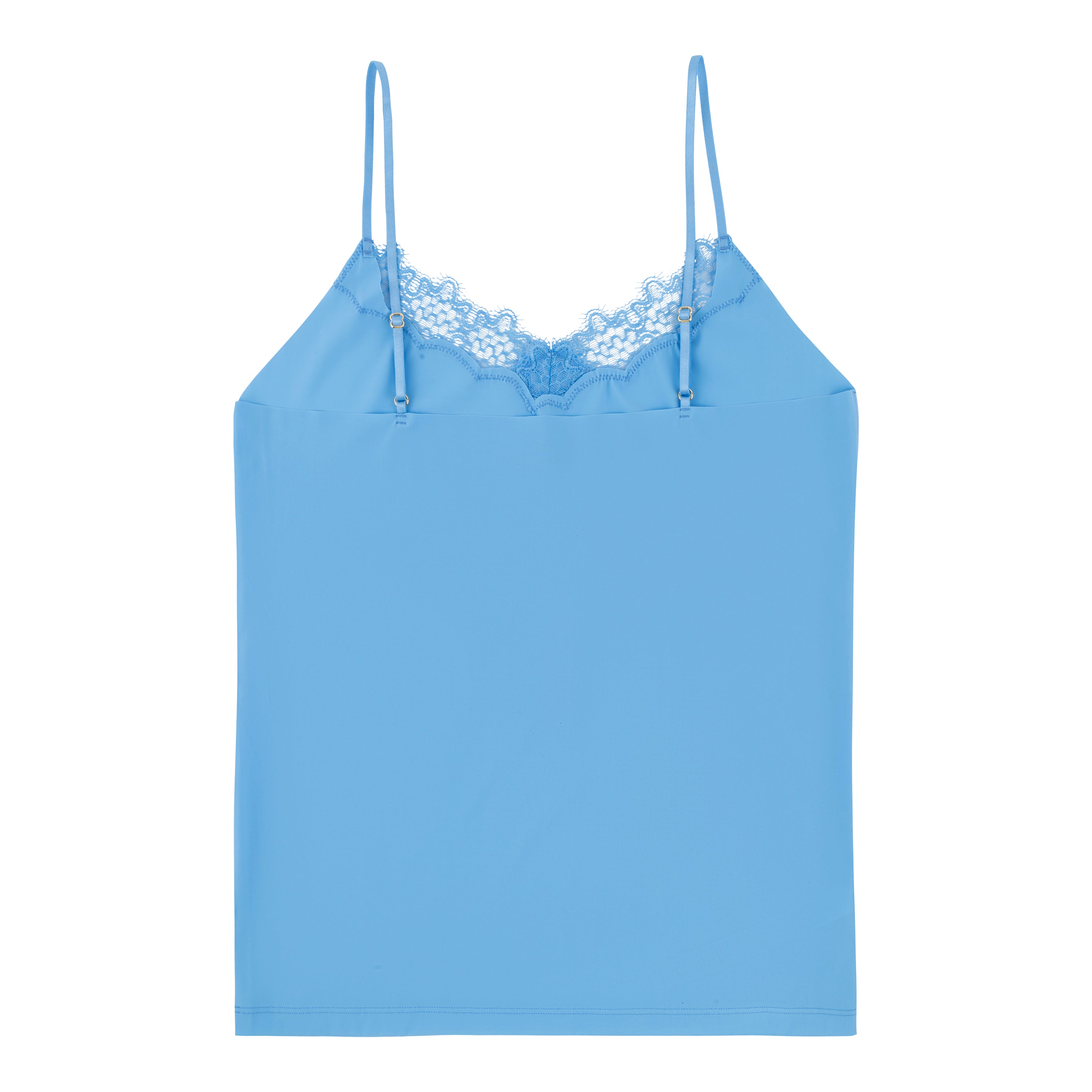 A light blue soft seamless camisole top with delicate lace detail at the neckline, with adjustable straps.