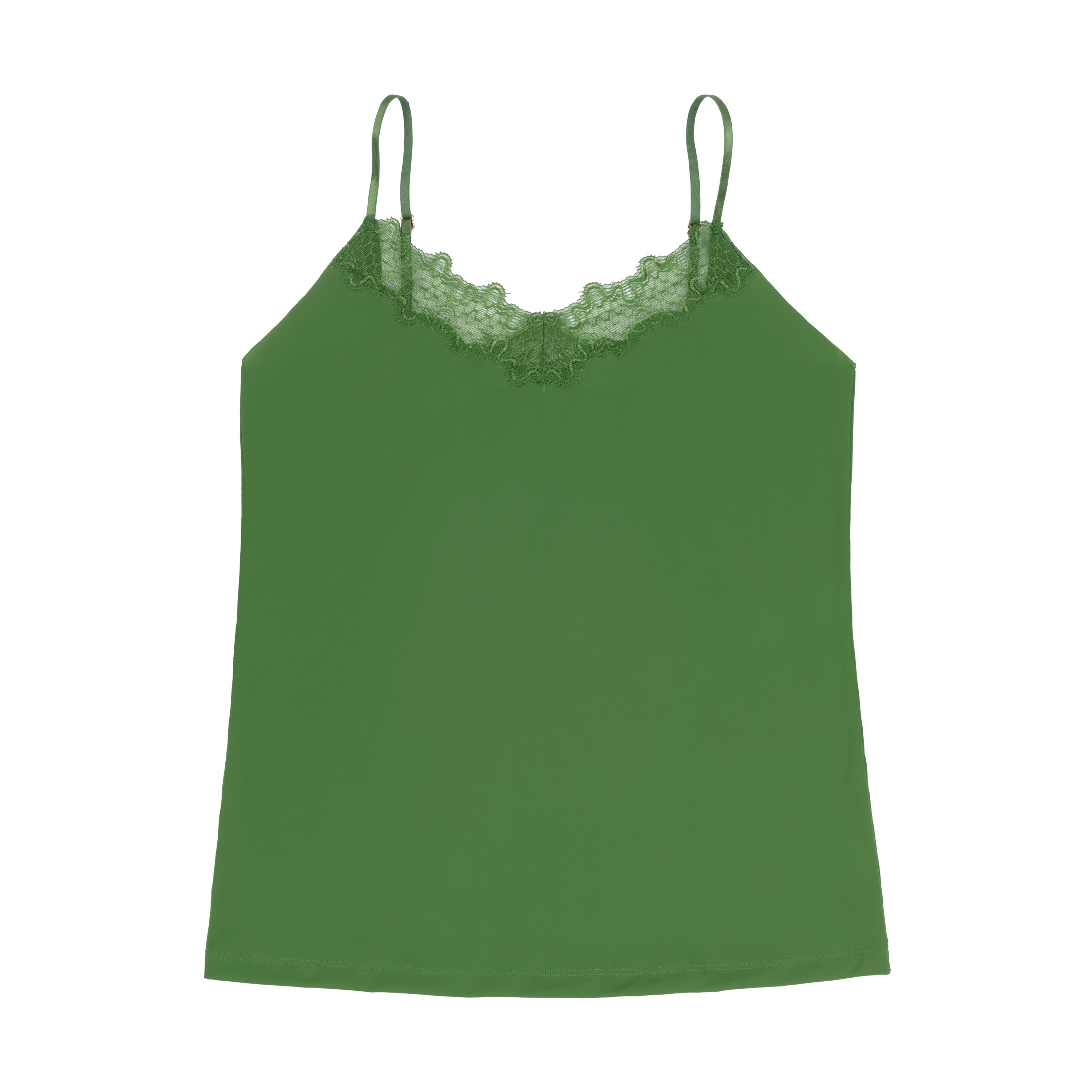 A kale soft seamless lace-trimmed camisole against a white background.