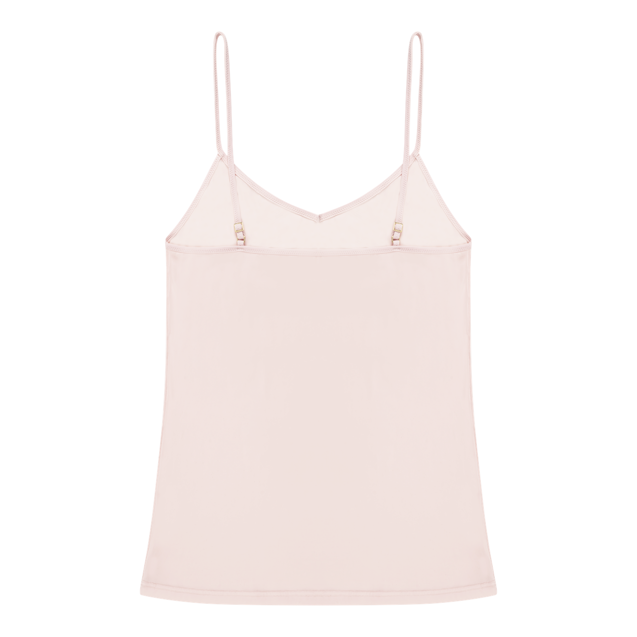 Rose Quartz soft seamless camisole with adjustable spaghetti straps and a V-neckline on white background.