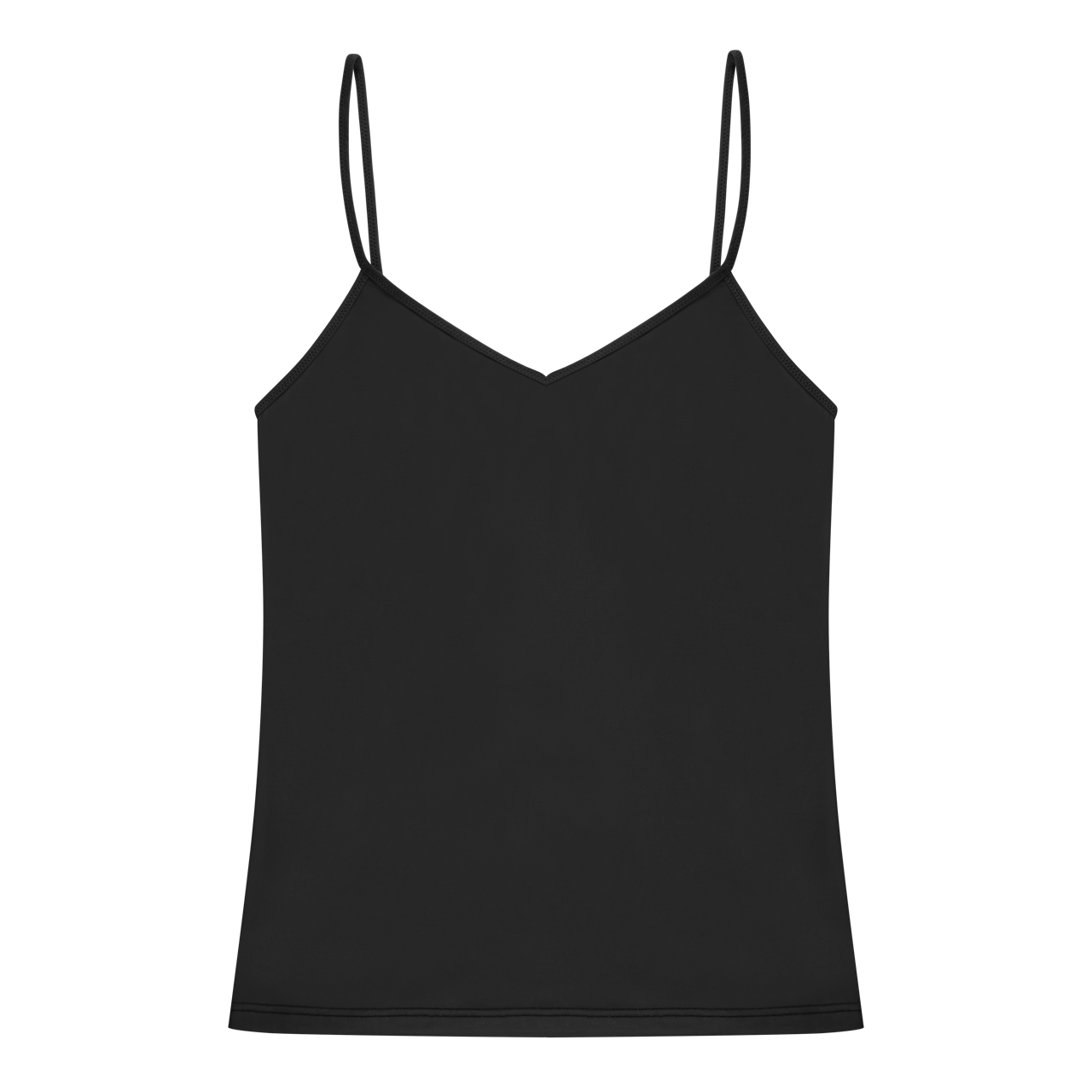 Tap Shoe Black soft seamless camisole with adjustable spaghetti straps and a V-neckline on white background.
