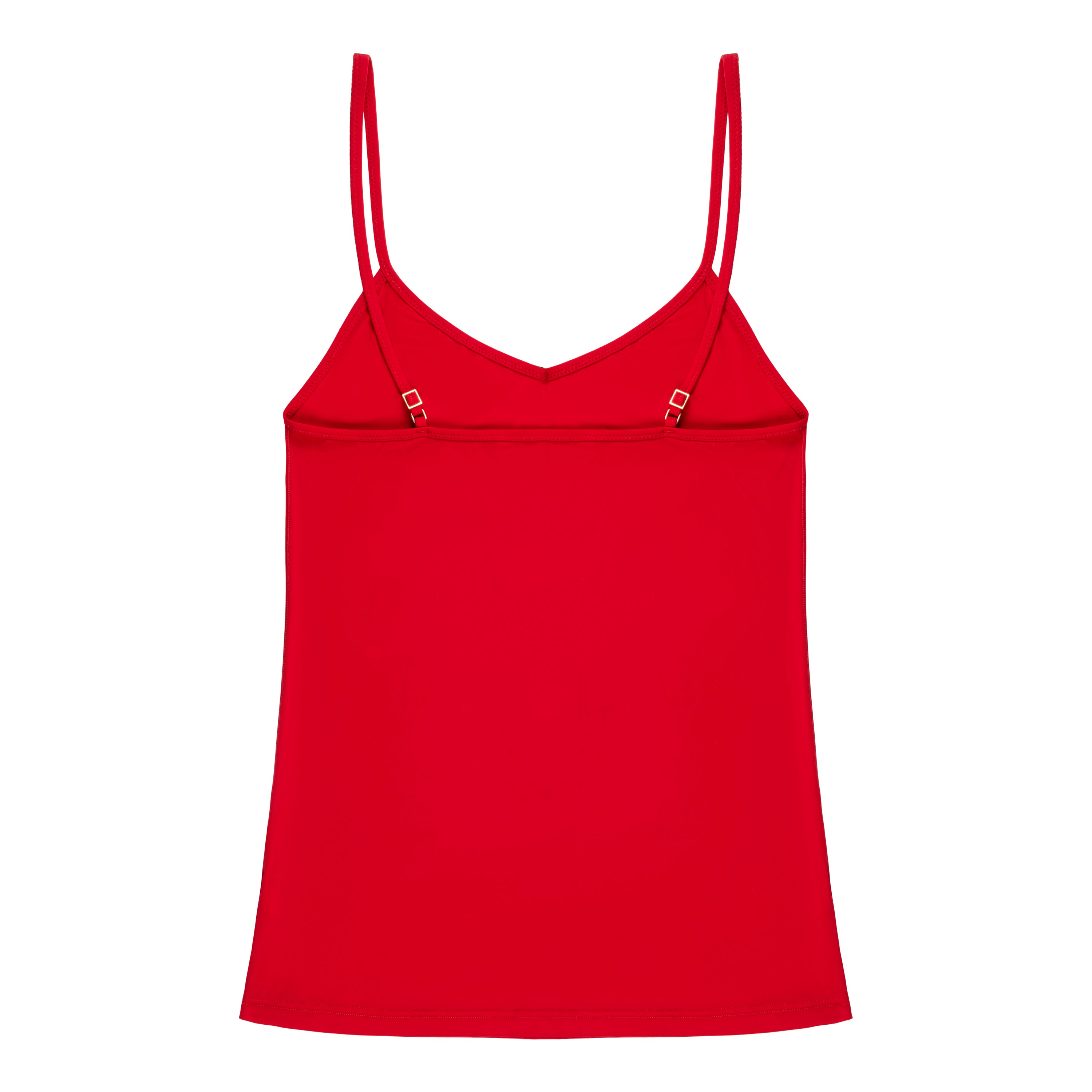 A red soft seamless camisole with adjustable spaghetti straps and a V-neckline.