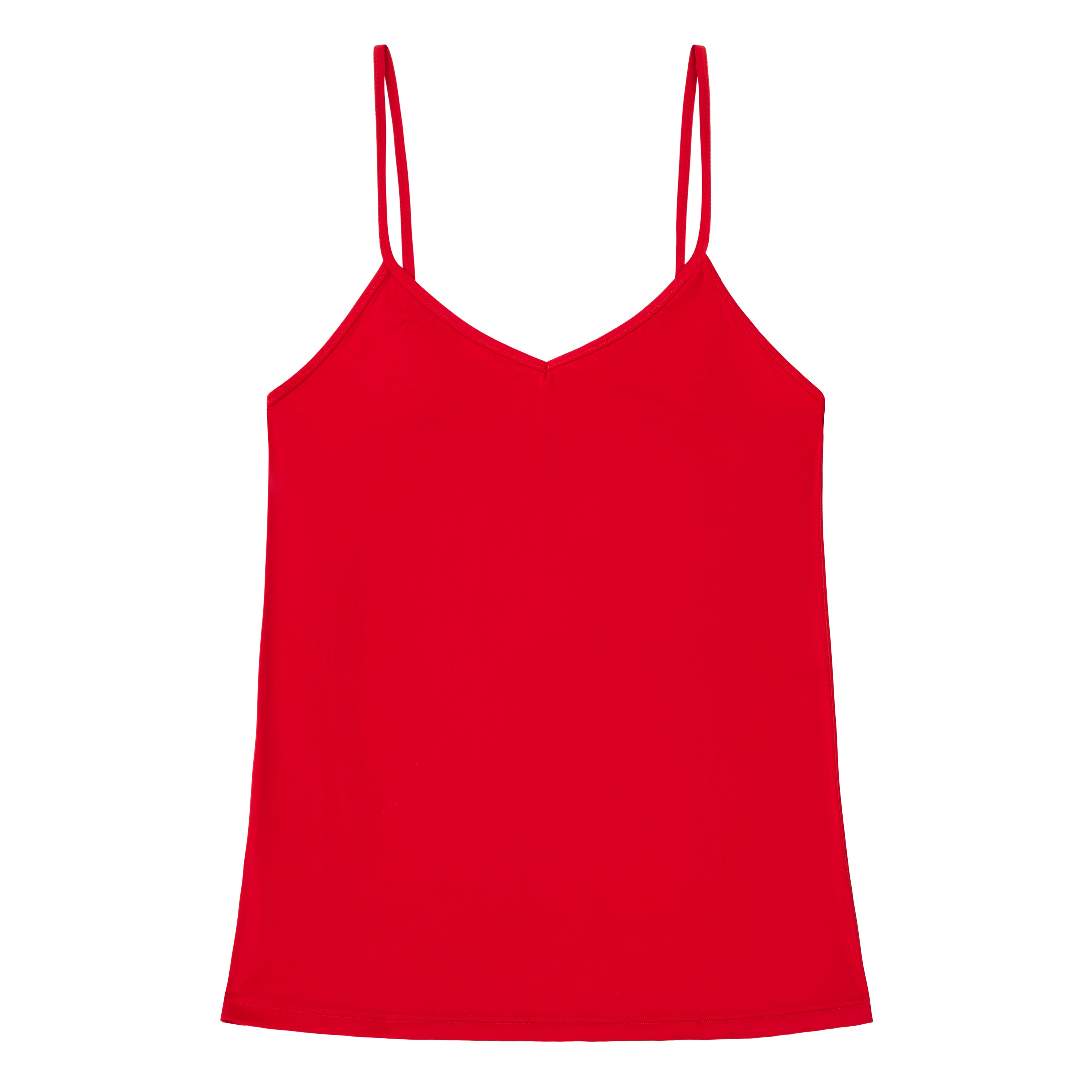A red soft seamless camisole with adjustable spaghetti straps and a V-neckline.