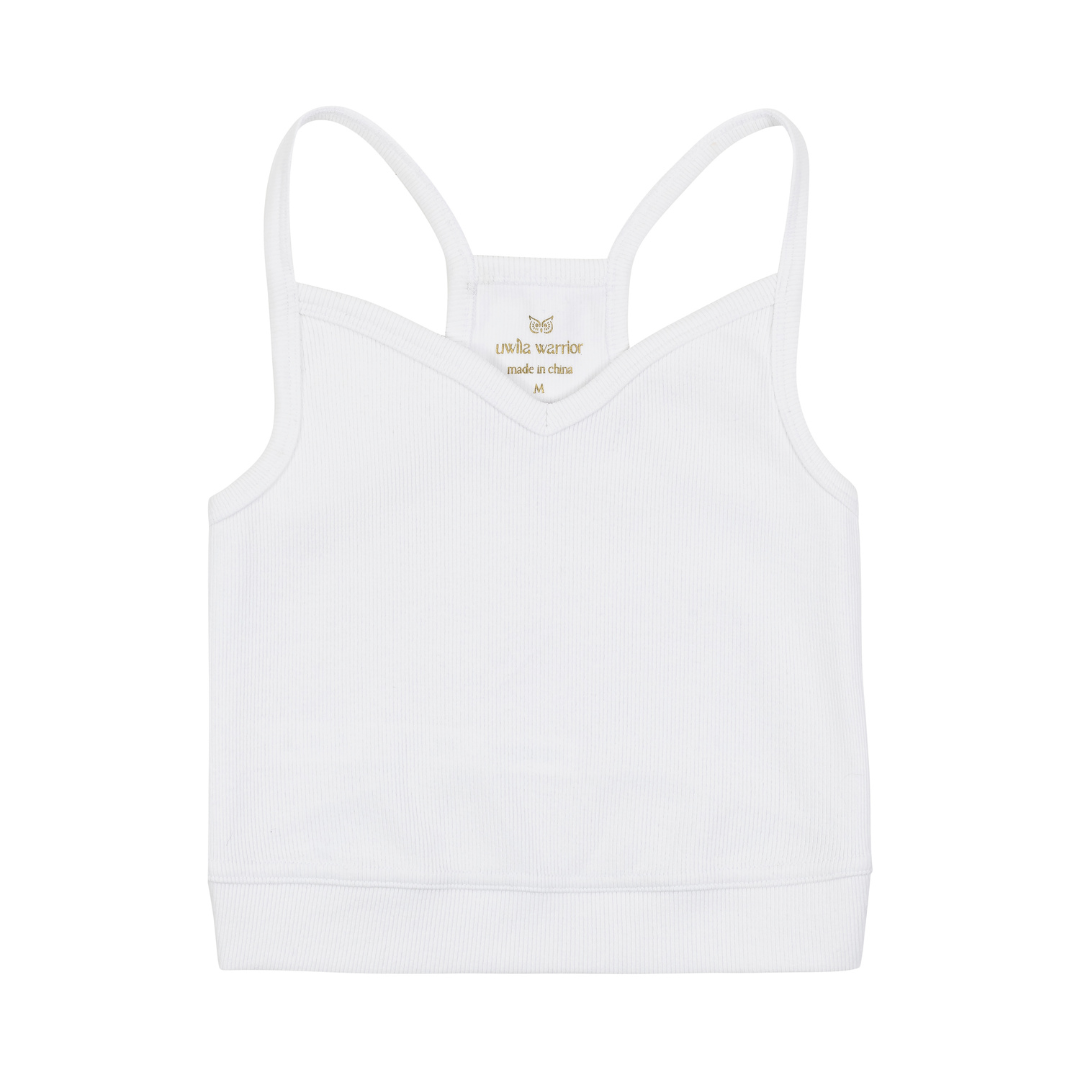 A white bralette with thin straps and a ribbed texture.