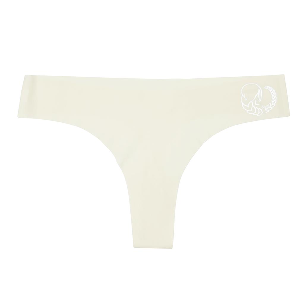 This image features a sleek, black thong with a distinctive metallic silver decal of a zodiac sign on the waistband. The thong is designed with a cotton gusset for superior hygiene and is constructed with thermowelded side seams and removable tags for comfort.
