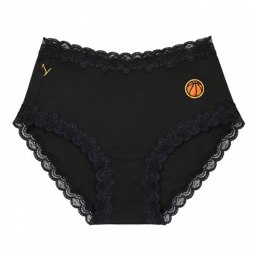 A pair of tap shoe black soft silk briefs with a embroidered basketball patch on the upper right hip, displayed against a solid white background.