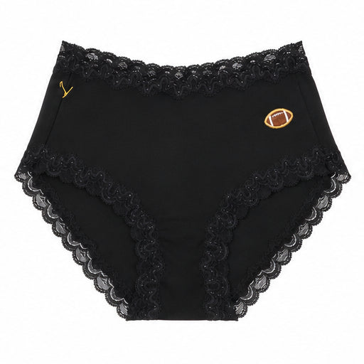 Uwila Warrior Soft Silk Brief in Tap Shoe Black with Embroidered Football patch on white background.