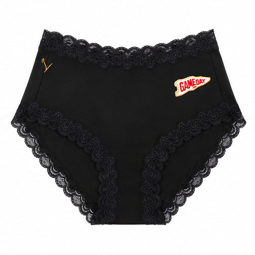Tap Shoe Black soft silk briefs with scalloped lace trim and a small white and red 'GAMEDAY' patch on the front, shown against a plain white background.
