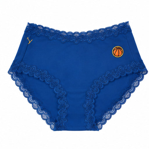 A pair of Estate Blue soft silk briefs with a embroidered basketball patch on the upper right hip, displayed against a solid white background.