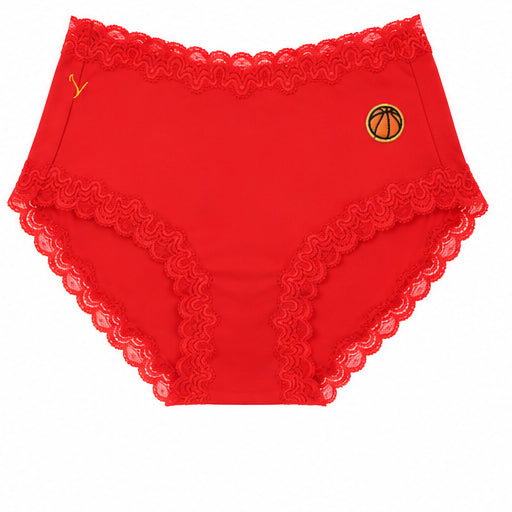 A pair of Fiery Red soft silk briefs with a embroidered basketball patch on the upper right hip, displayed against a solid white background.