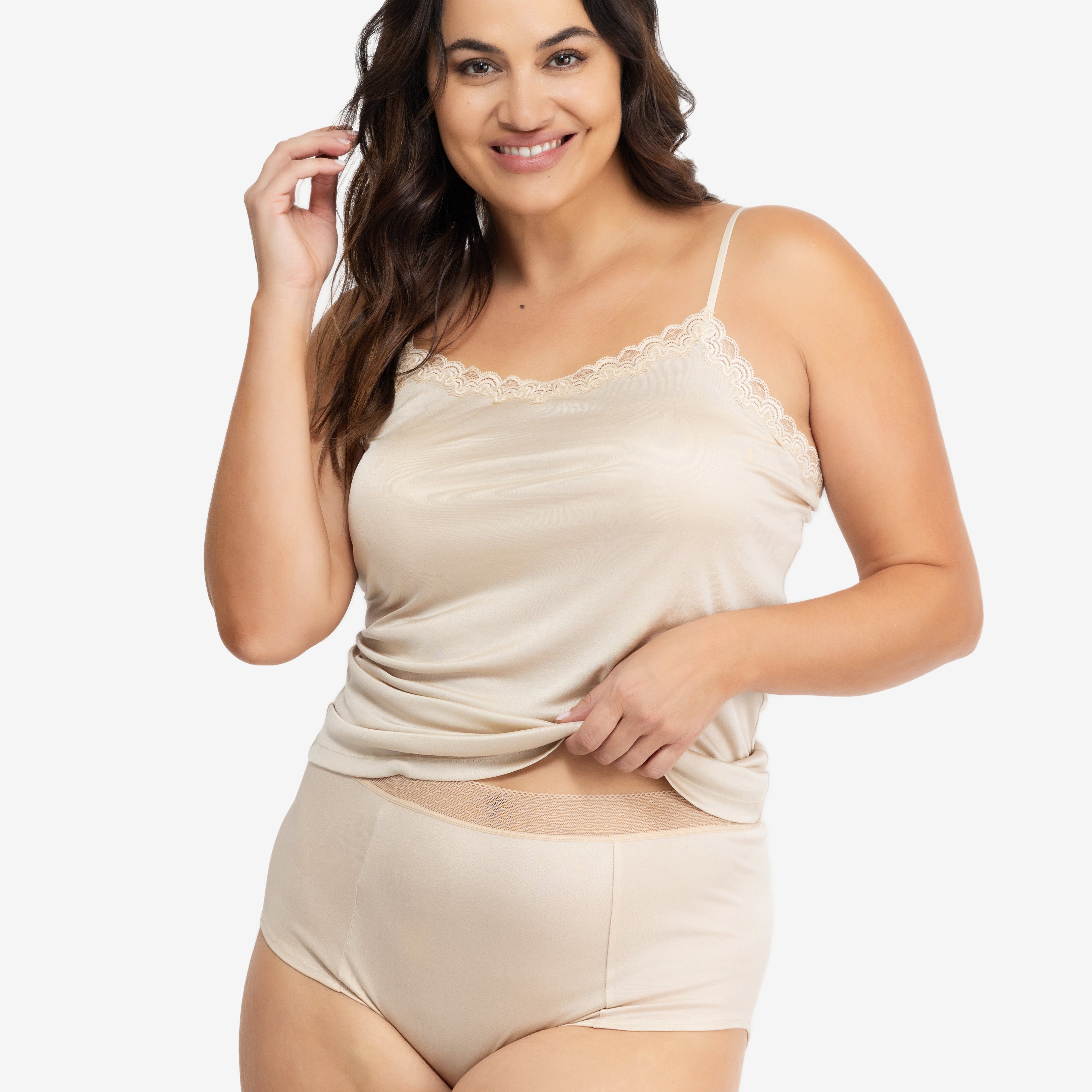 Model Wearing Uwila Warrior HIgh-Waist Silk Briefs Underwear in Smoke Grey on White Background
