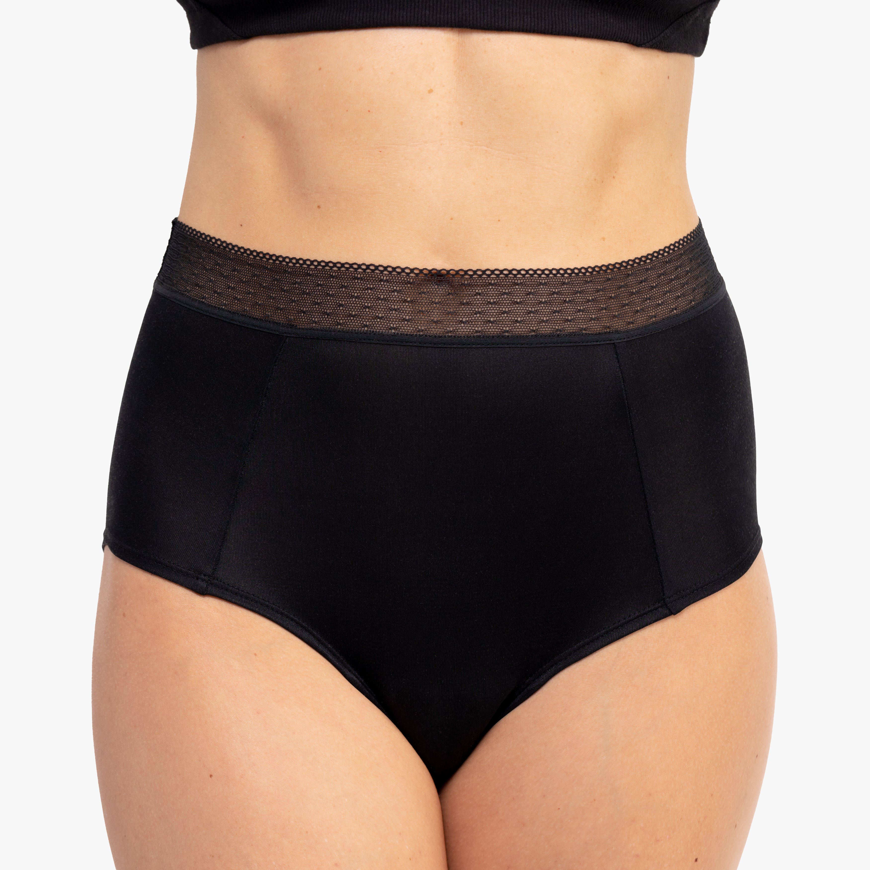 Model Wearing Uwila Warrior HIgh-Waist Silk Briefs Underwear in Tap Shoe Black on White Background