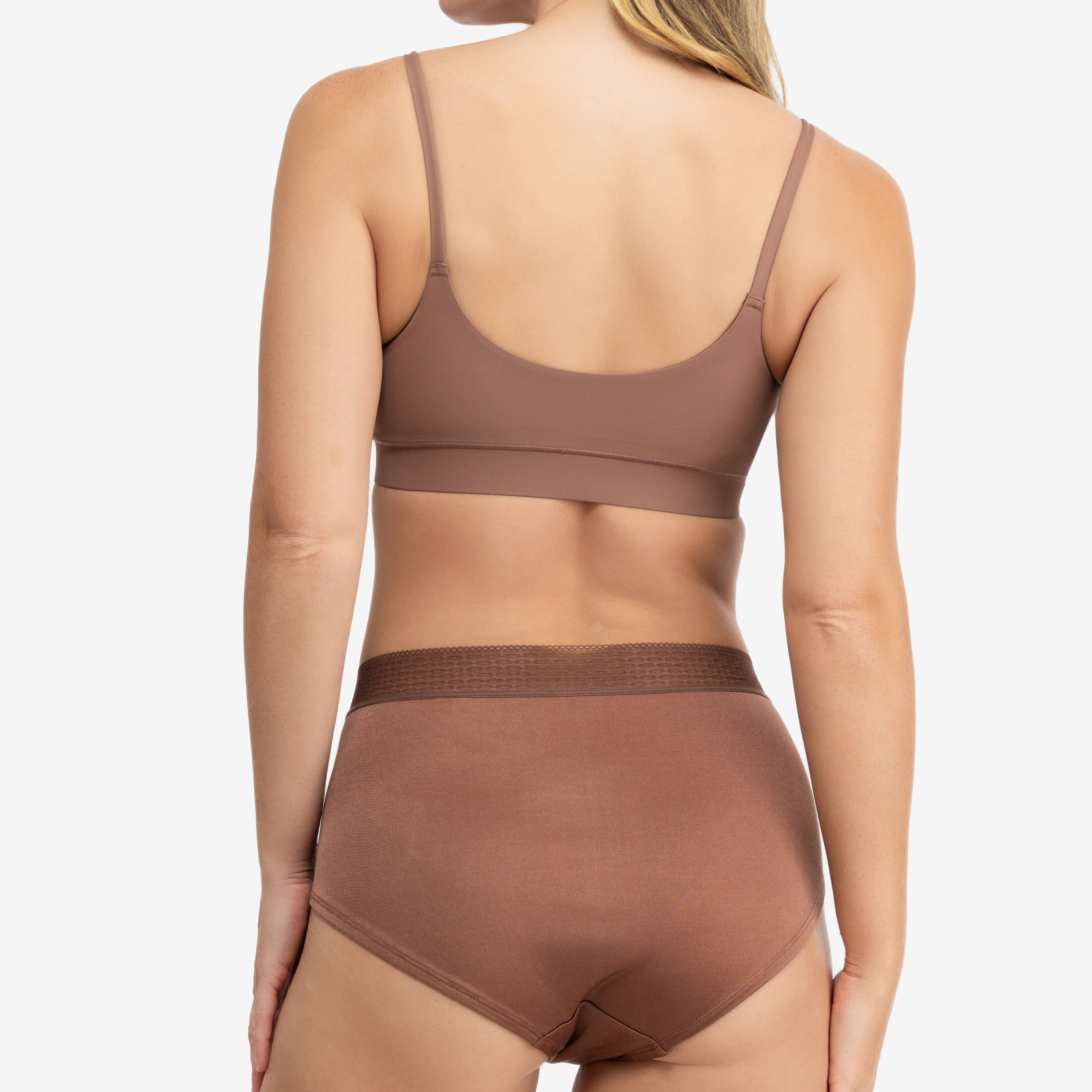 Model Wearing Uwila Warrior HIgh-Waist Silk Briefs Underwear in Toffee on White Background