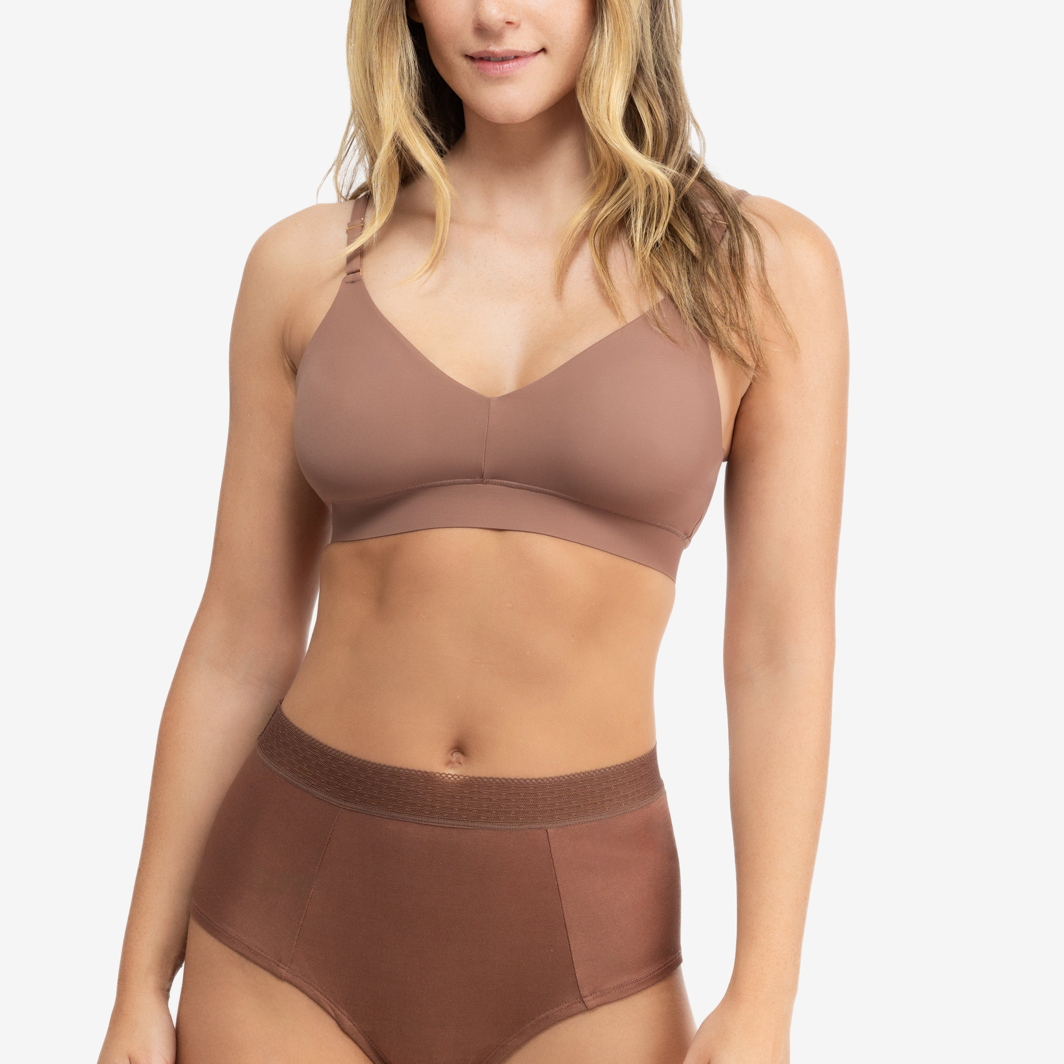 Model Wearing Uwila Warrior HIgh-Waist Silk Briefs Underwear in Toffee on White Background