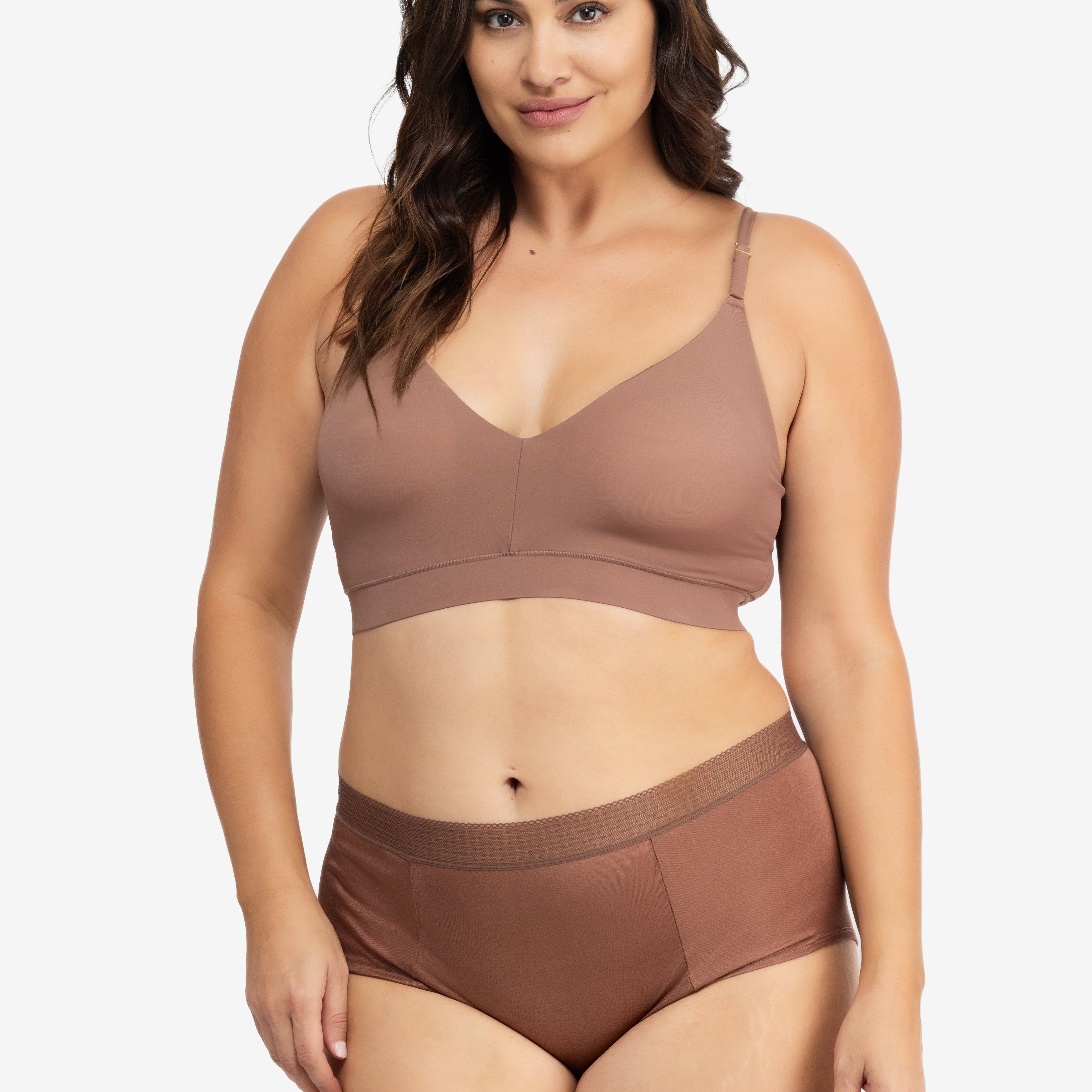 Model Wearing Uwila Warrior HIgh-Waist Silk Briefs Underwear in Toffee on White Background