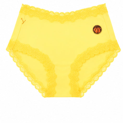 A pair of lemon zest soft silk briefs with a embroidered basketball patch on the upper right hip, displayed against a solid white background.
