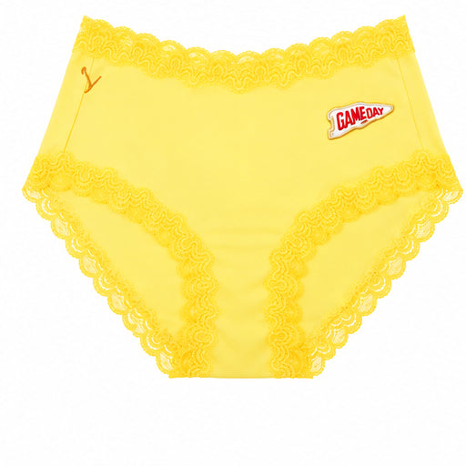 Lemon Zest soft silk briefs with scalloped lace trim and a small white and red 'GAMEDAY' patch on the front, shown against a plain white background.
