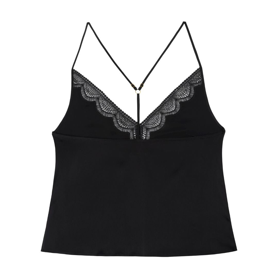 Black silk charmeuse camisole with lace trim on a white background