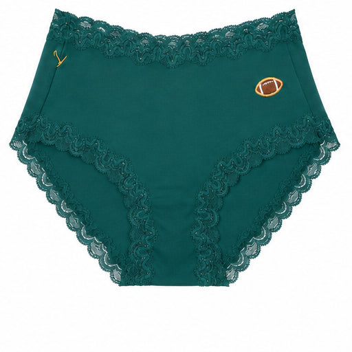 Uwila Warrior Soft Silk Brief in Smoke Pine with Embroidered Football patch on white background.