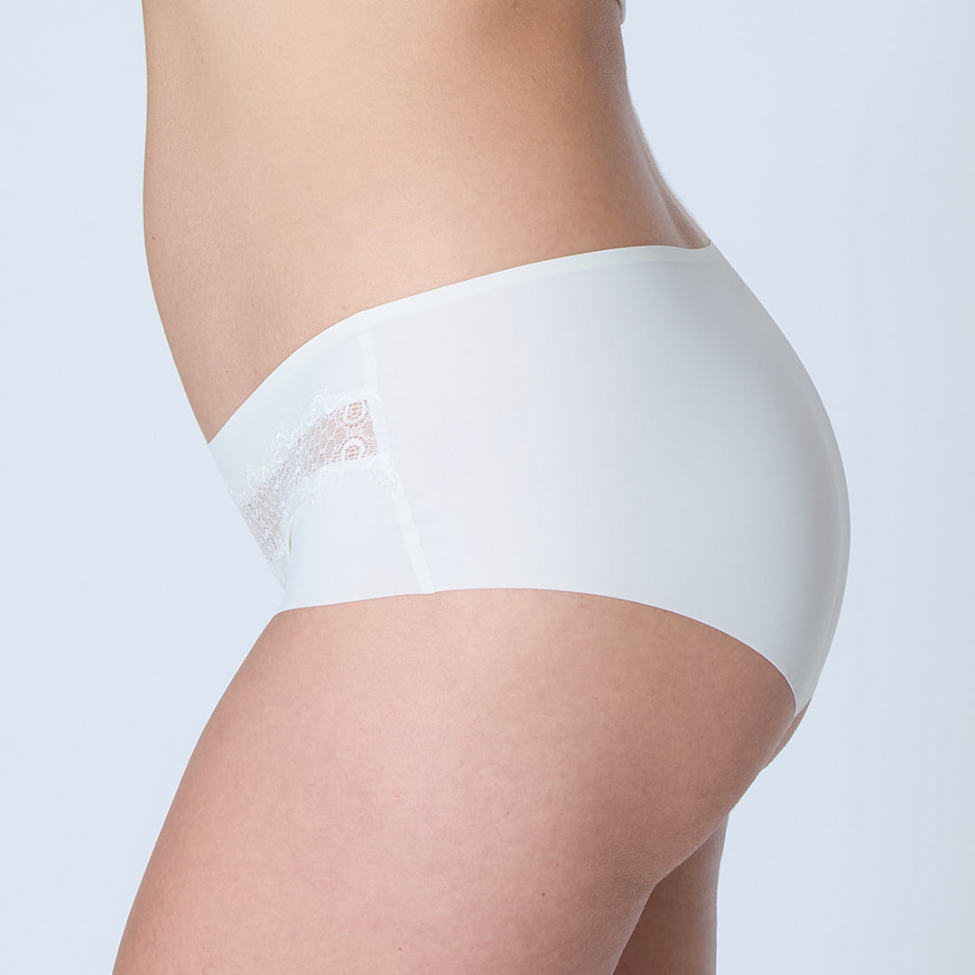 White underwear with lace trim on a plain background