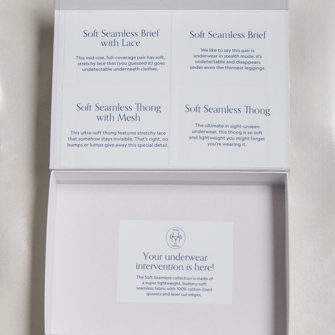 Packaging of soft seamless underwear with text on a light background
