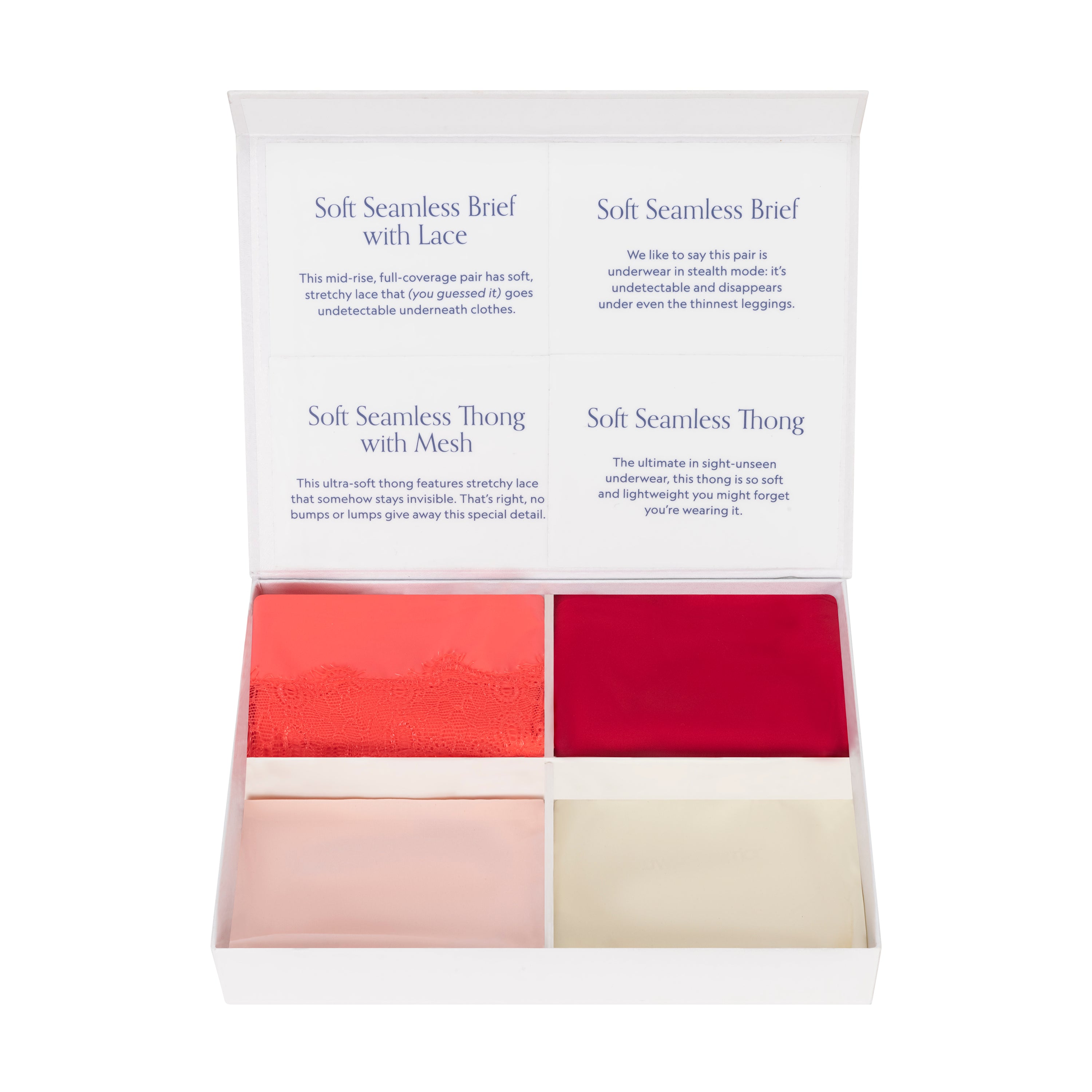 White gift box of soft seamless underwear with four soft seamless undies on a white background