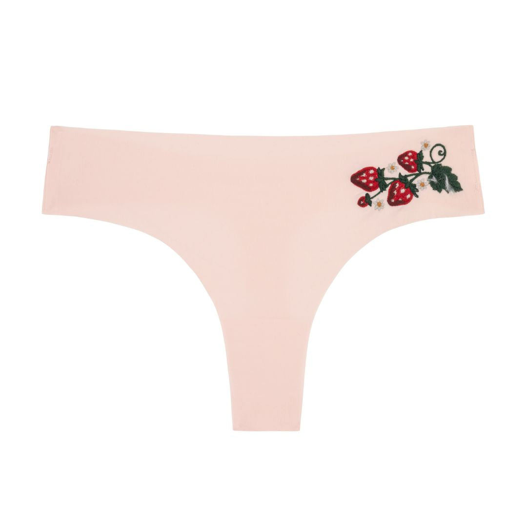 Rose Quartz Soft Seamless Thong with Strawberry Embroidery on white background