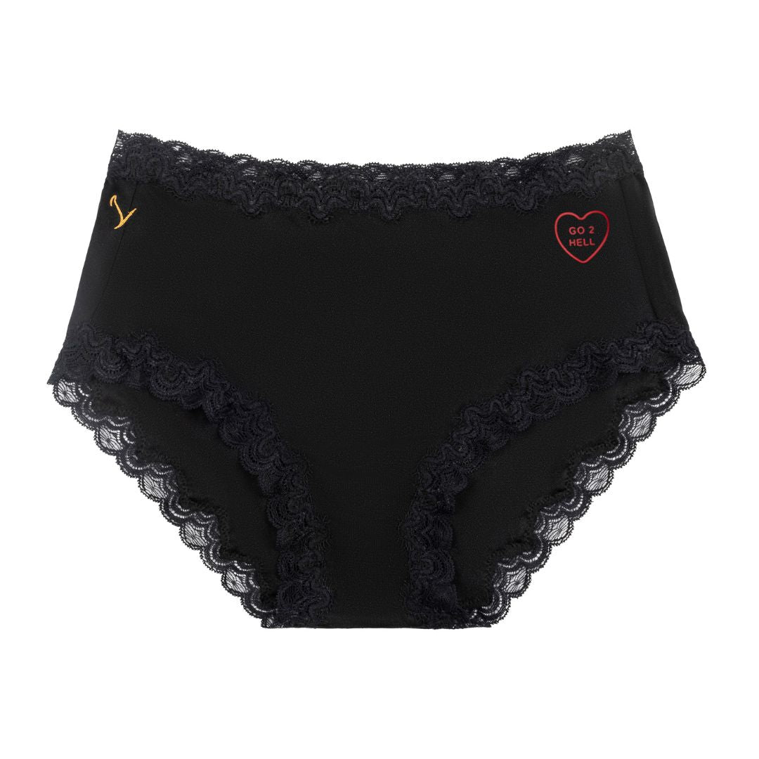 Uwila Warrior Tap Shoe Black Soft Silk Briefs with Lace featuring heart decal on white background