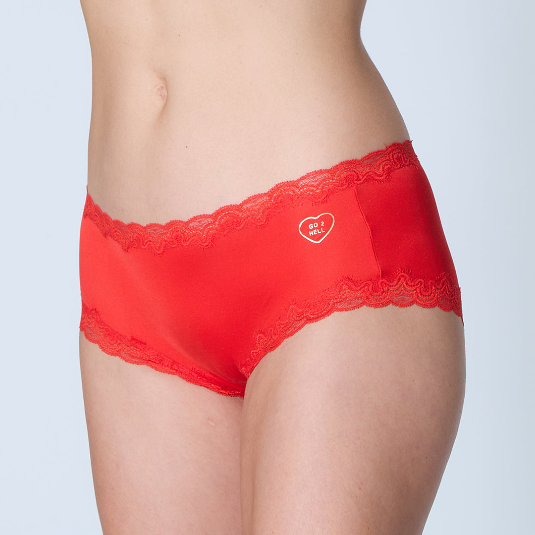 Uwila Warrior Red Soft Silk Briefs with lace featuring a heart design on a plain background
