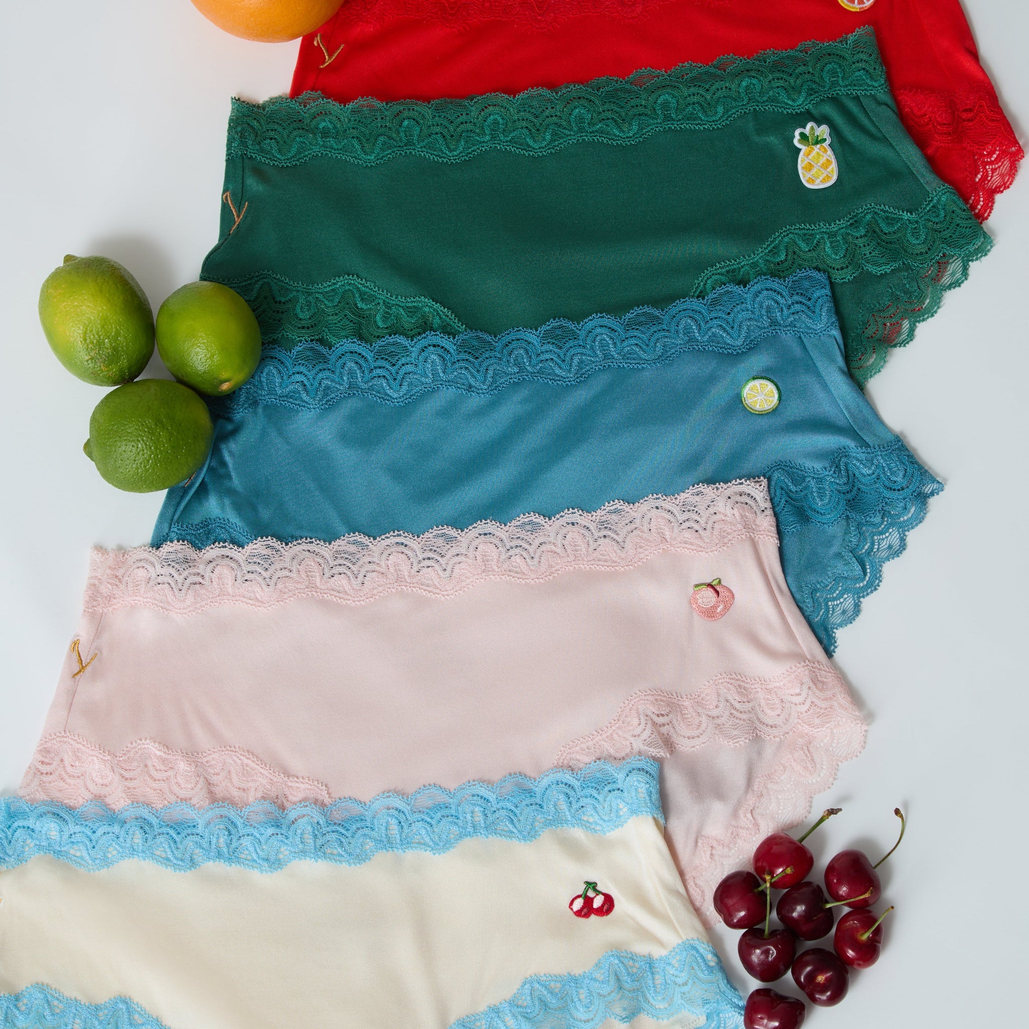Soft Silk Briefs Bundle with embroidered fruit patches.