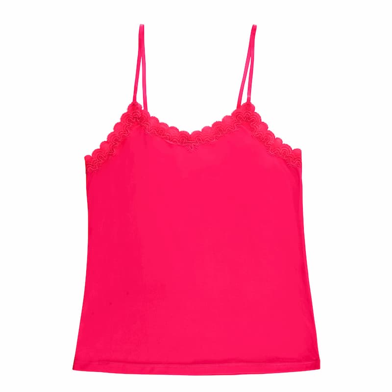 Still life of Uwila Warrior Soft Silks Camisole in Raspberry on White Background