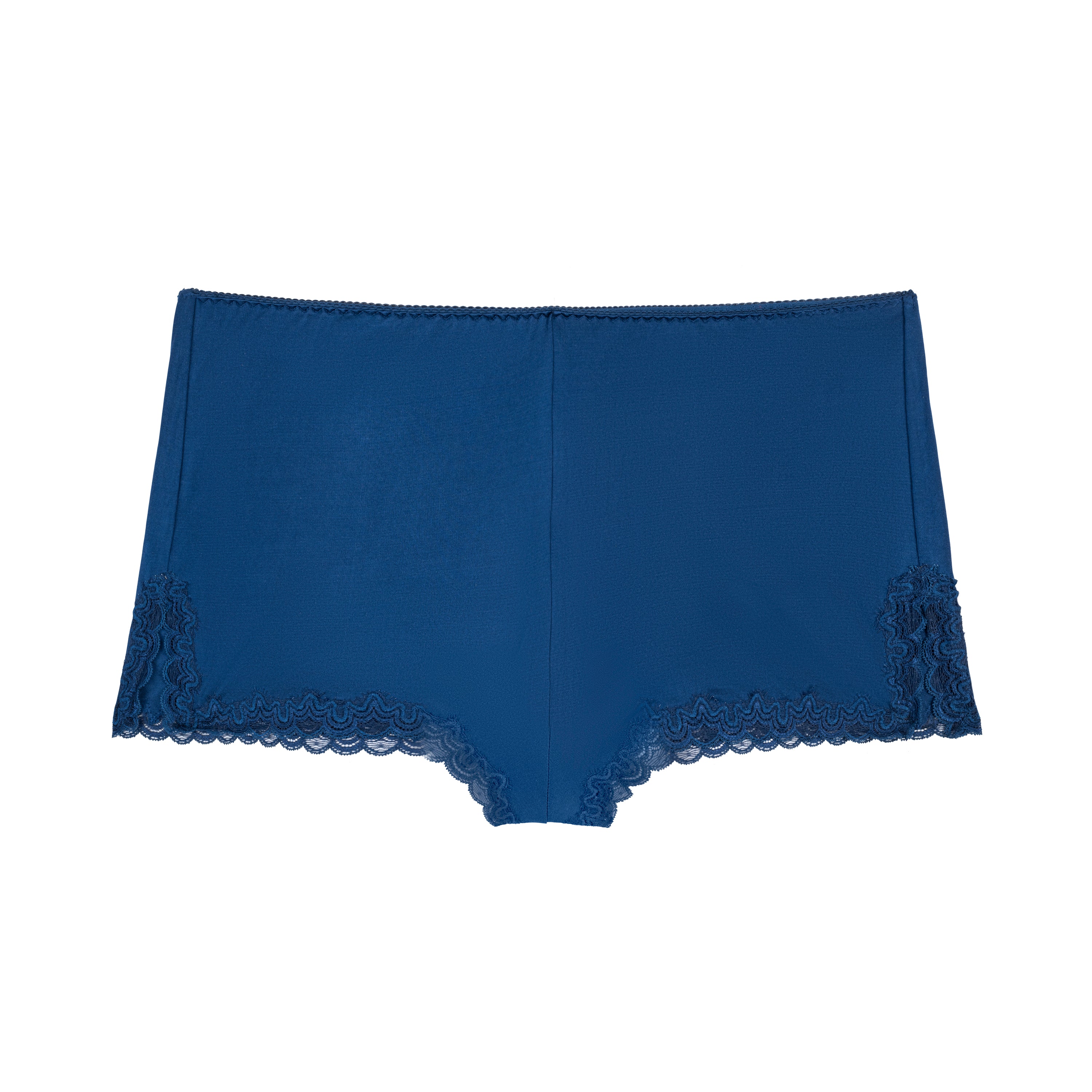 Still life of Uwila Warrior Soft Silk Sleep Shorts in Estate Blue on White Background