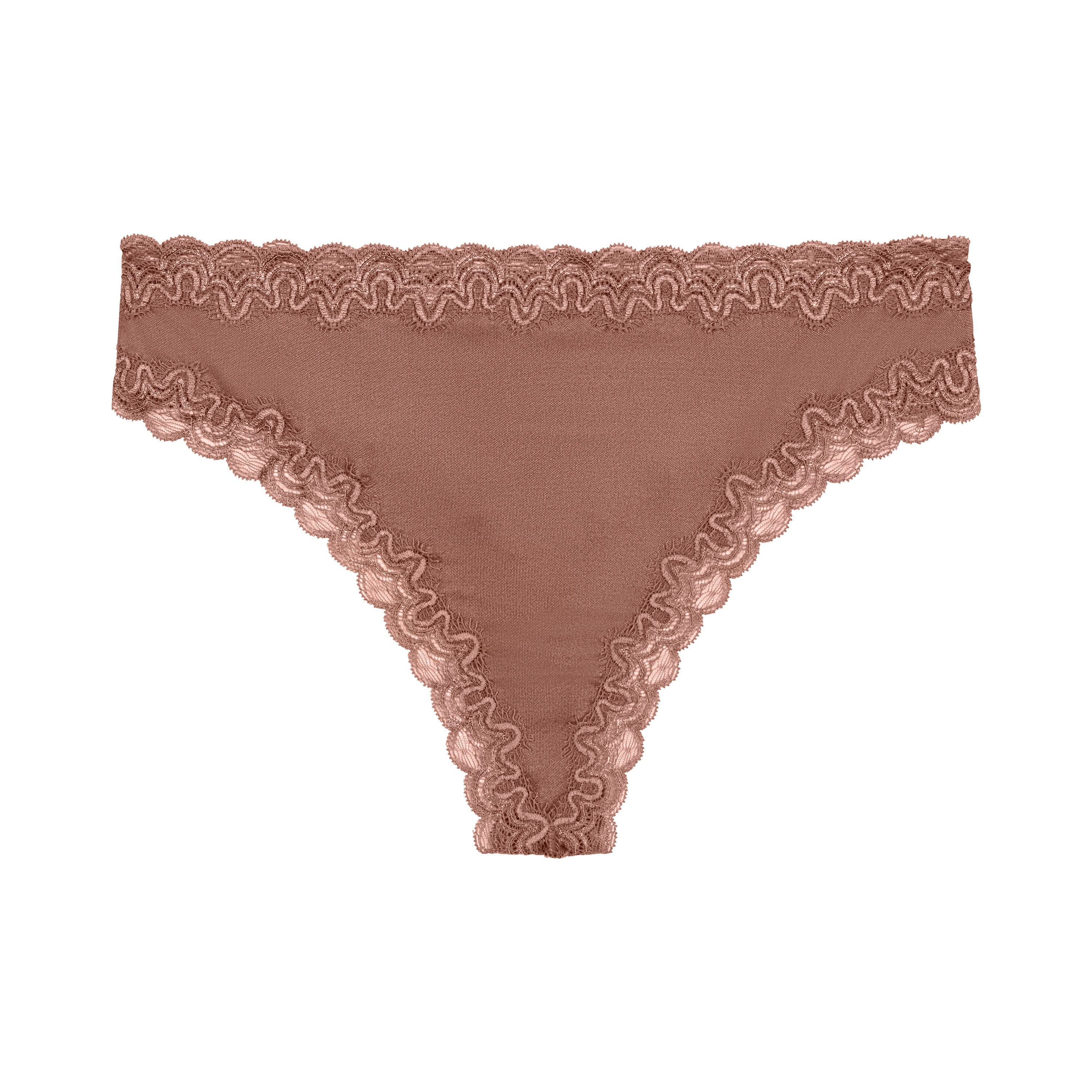 Still life of Uwila Warrior Soft Silks Thong Underwear in Toffee on White Background