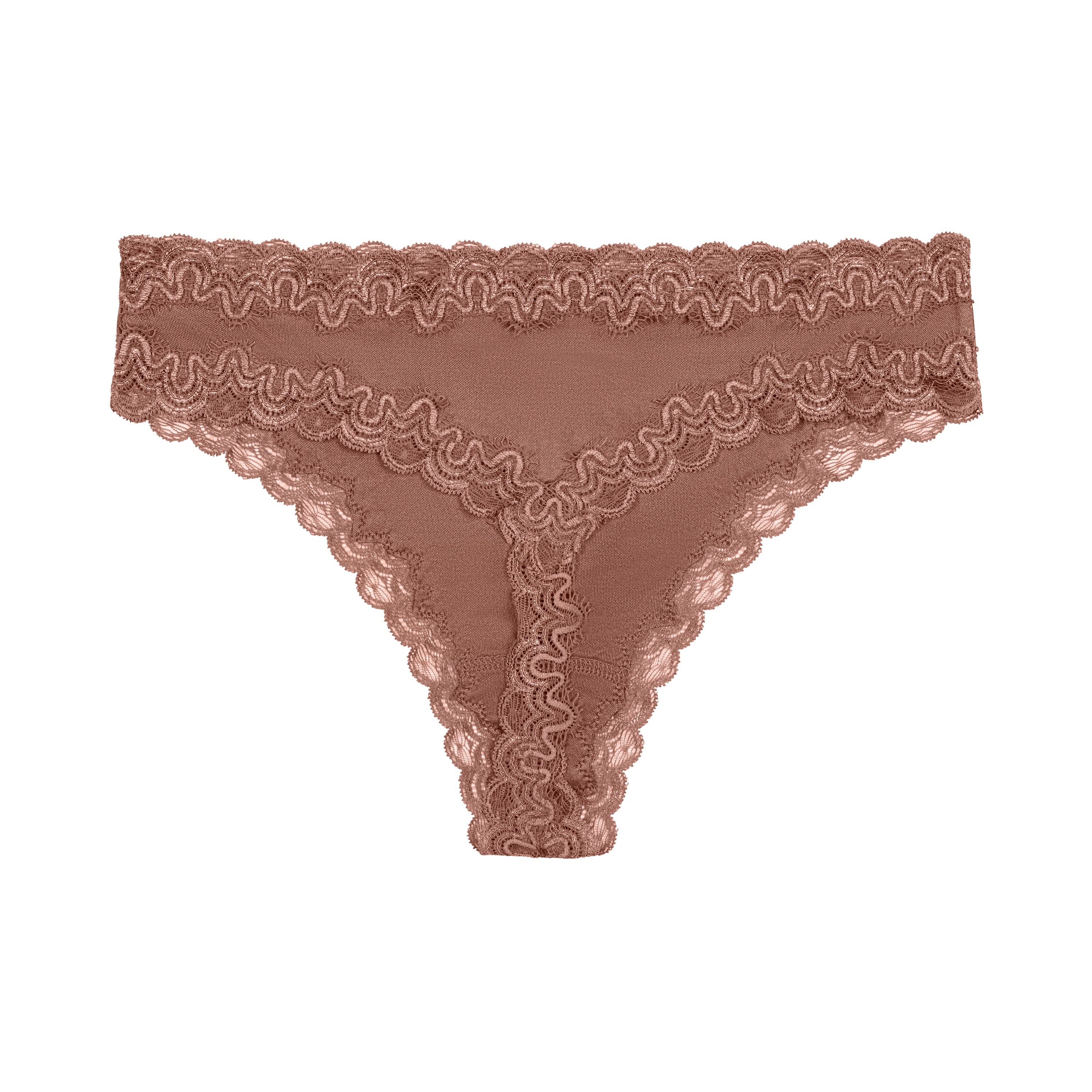 Still life of Uwila Warrior Soft Silks Thong Underwear in Toffee on White Background