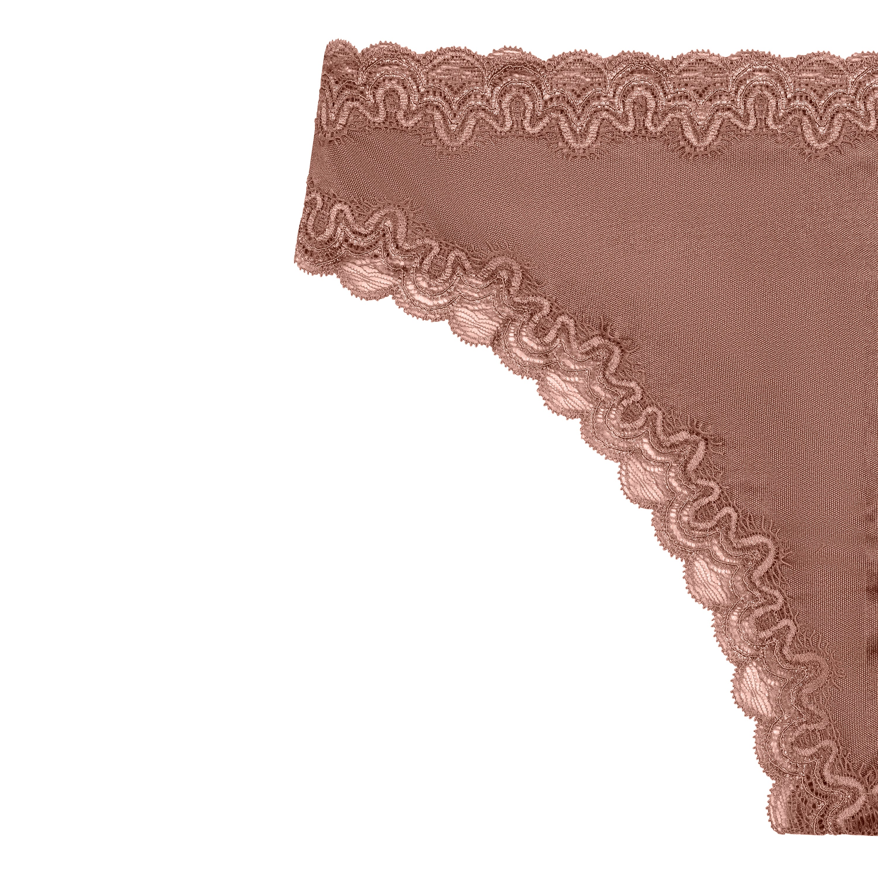 Still life of Uwila Warrior Soft Silks Thong Underwear in Toffee on White Background