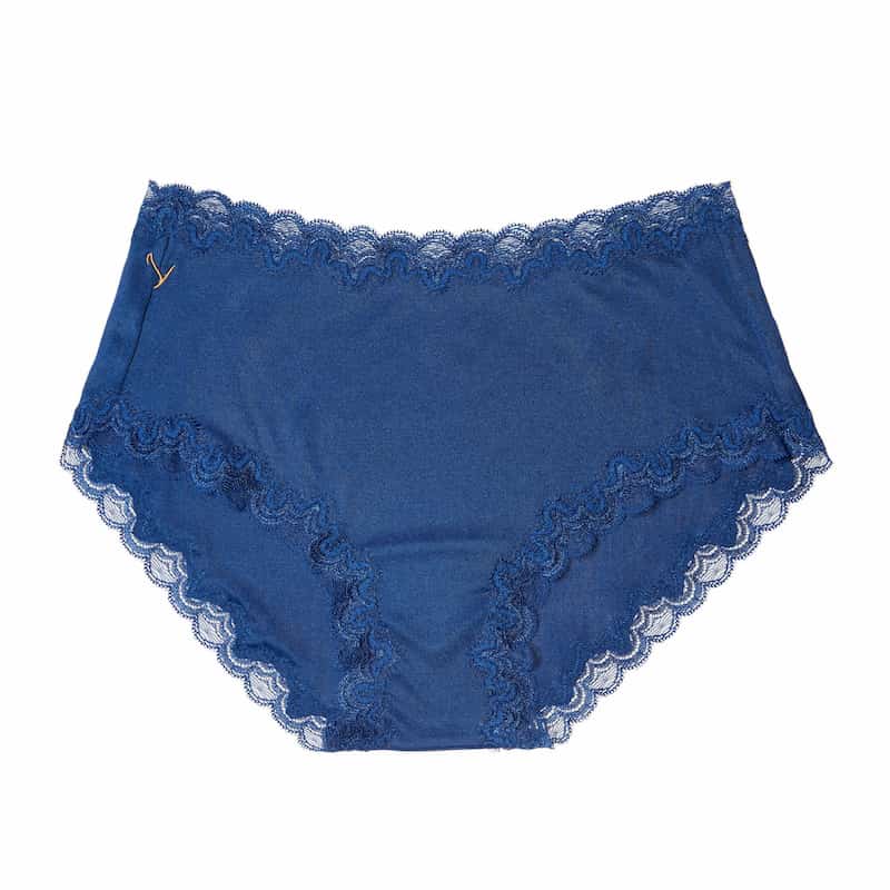 Still life of Uwila Warrior Soft Silks Briefs Underwear in Estate Blue on White Background