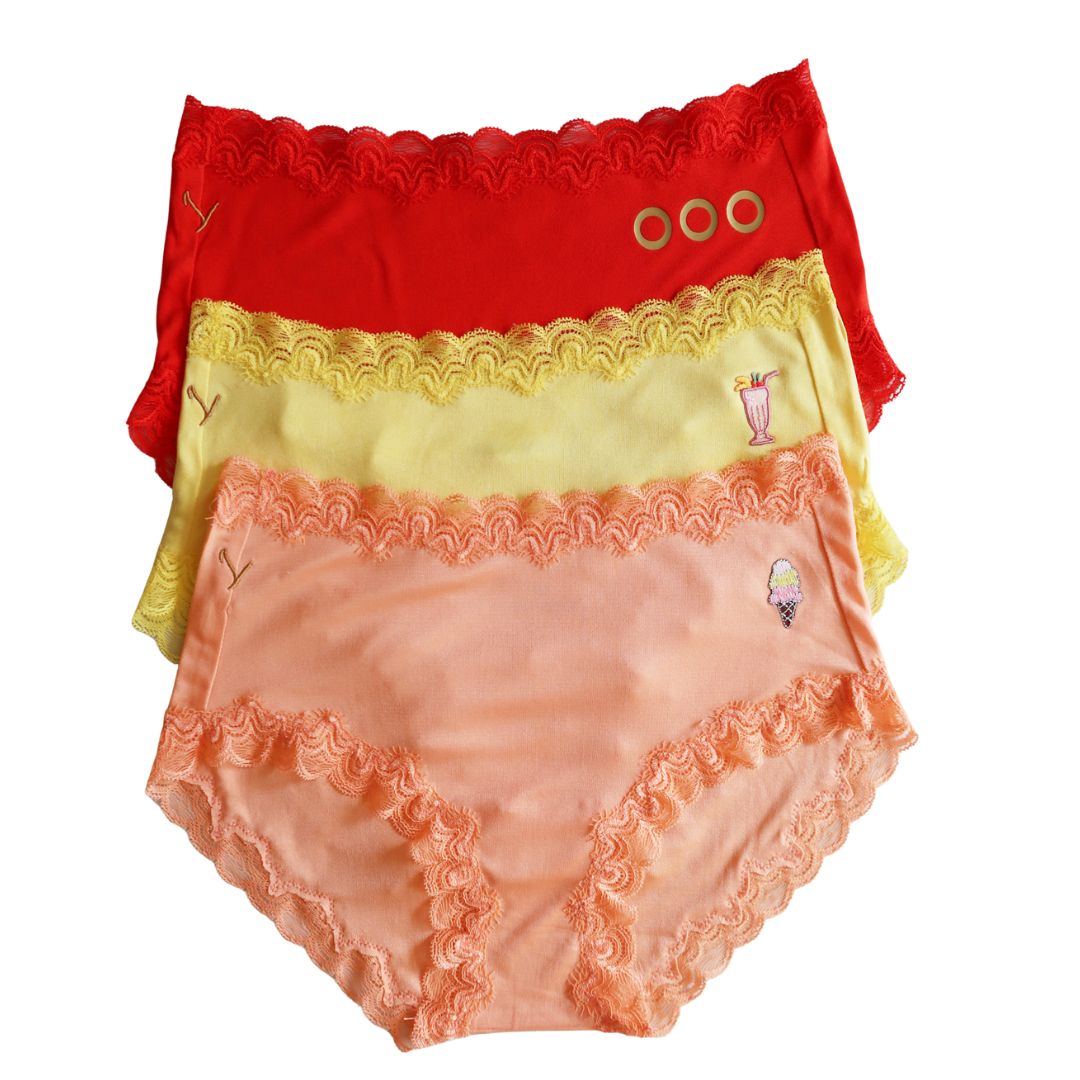 Three pairs of soft silk briefs with lace trim on a white background