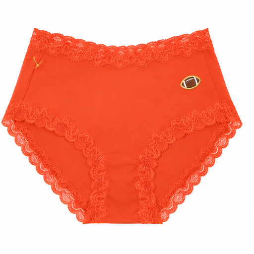 Uwila Warrior Soft Silk Brief in Spicy Orange with Embroidered Football patch on white background.