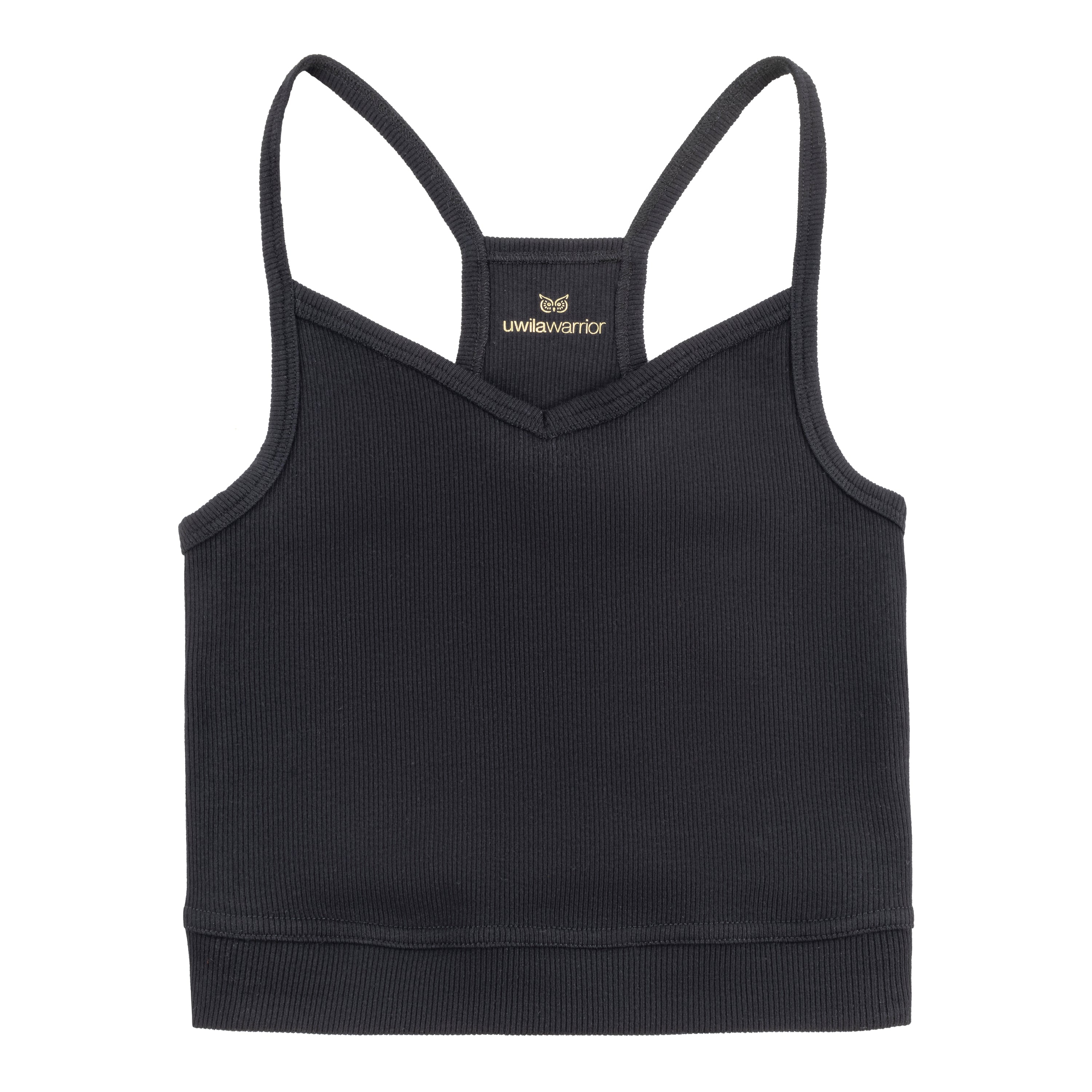Tap Shoe Black bralette with thin straps and a ribbed texture on white background.