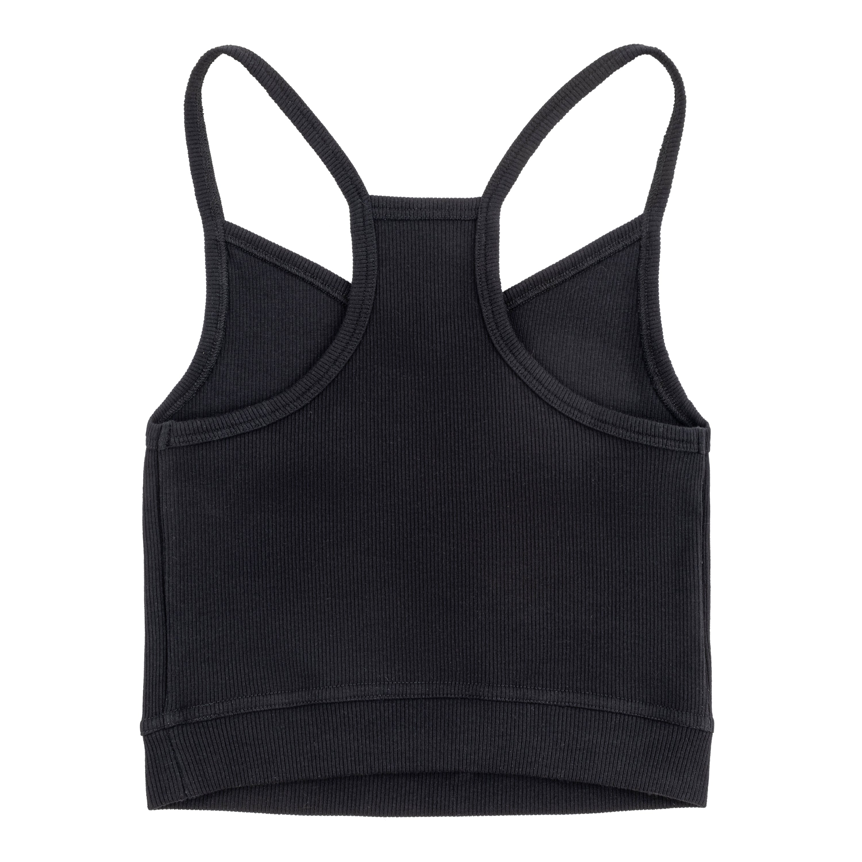 Tap Shoe Black bralette with thin straps and a ribbed texture on white background.
