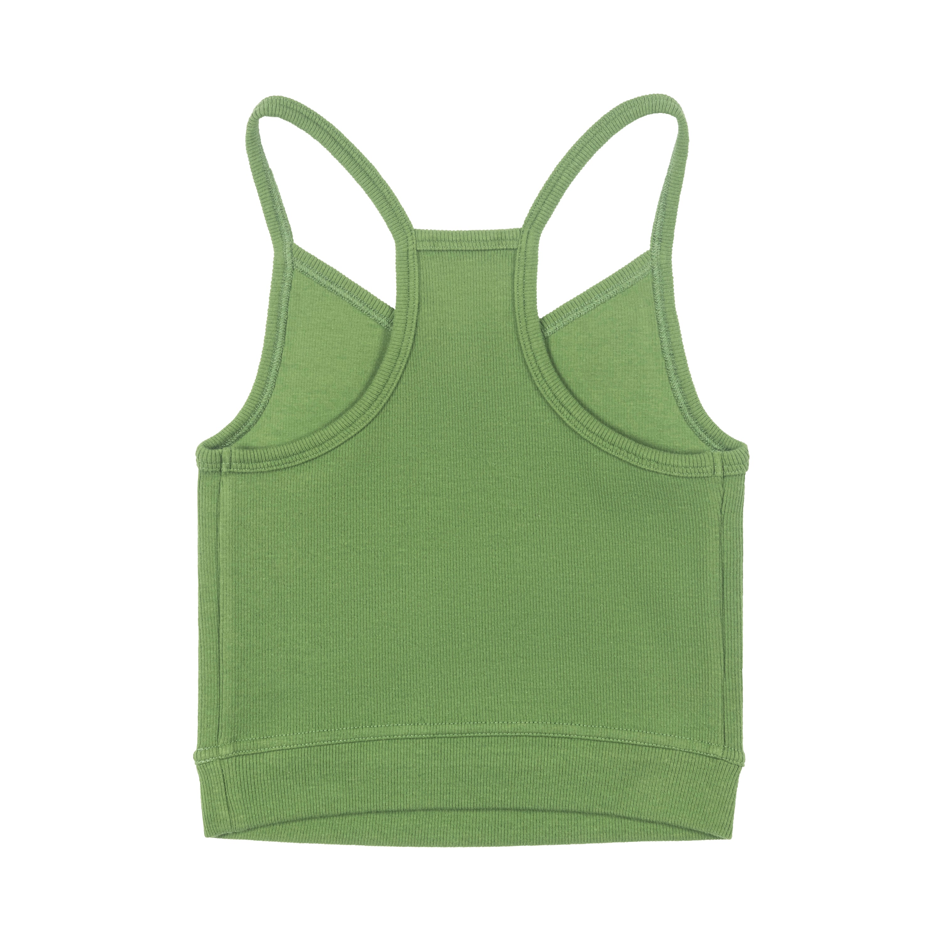 Kale bralette with thin straps and a ribbed texture on white background.