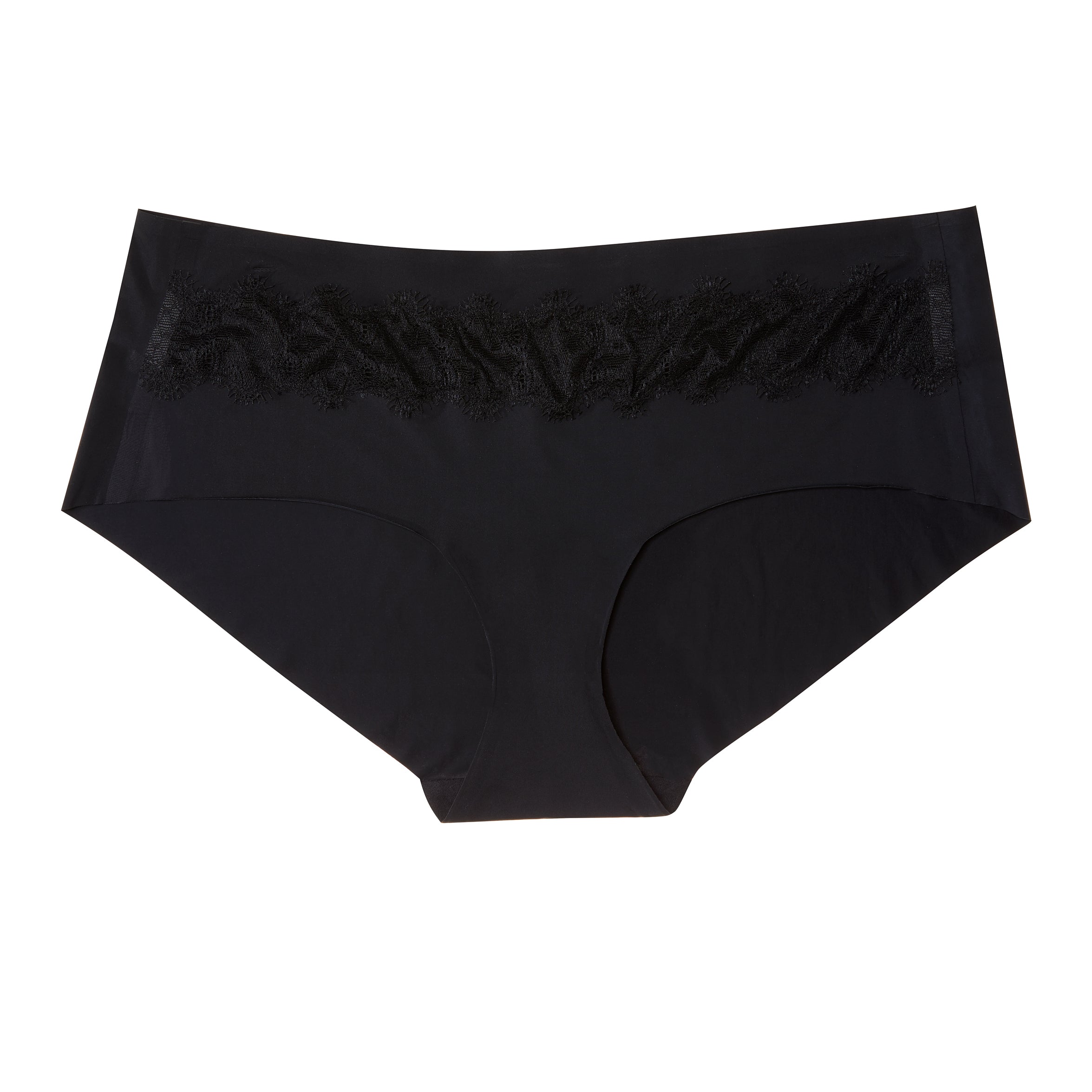 Tap Shoe Black soft seamless briefs with lace on white background.