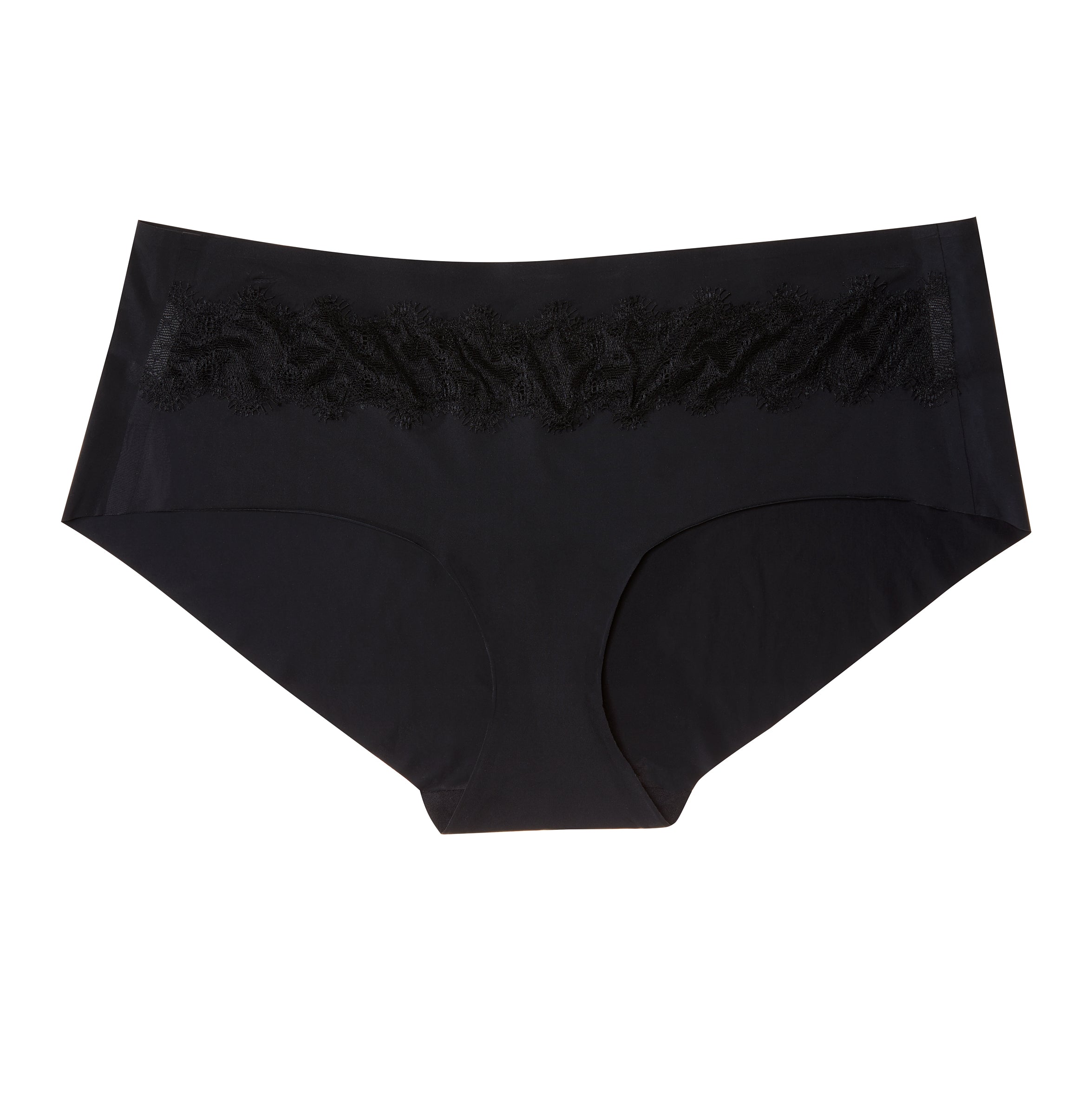 Tap Shoe Black soft seamless briefs with lace on white background.